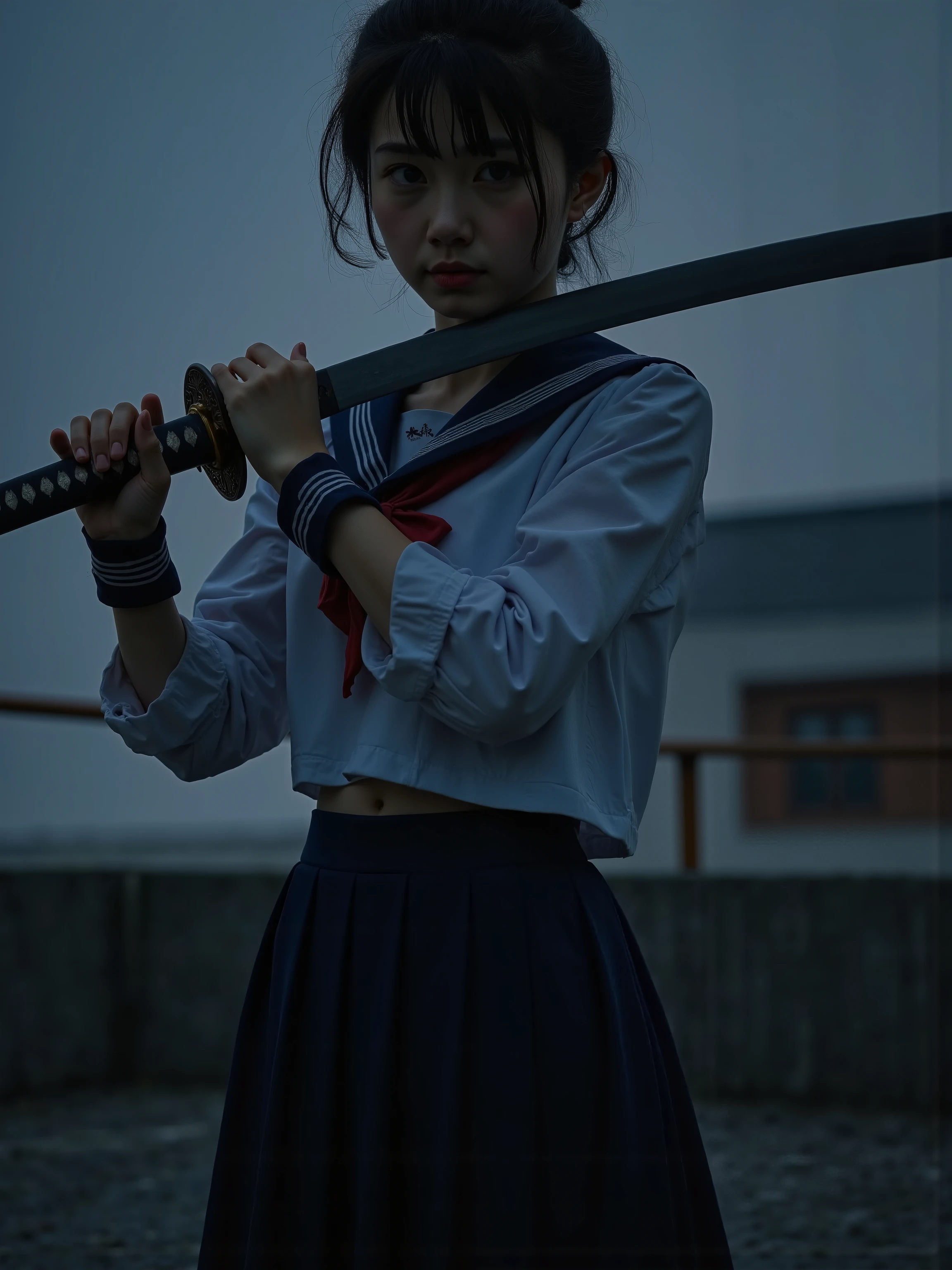 School rooftop at night,High school girl in a tattered uniform,I'm hugging a Japanese sword,best quality,4K,8K,high res,Masterpiece,super definition,Realistic,as pictured,HDR,UHD,Studio Lighting,Ultra Fine Painting,sharp focus,physically-based rendering,Extreme Details,with lip pk,Brilliant Colors,Bokeh,dark atmosphere, traditional ,samurai,danger,Strong expression