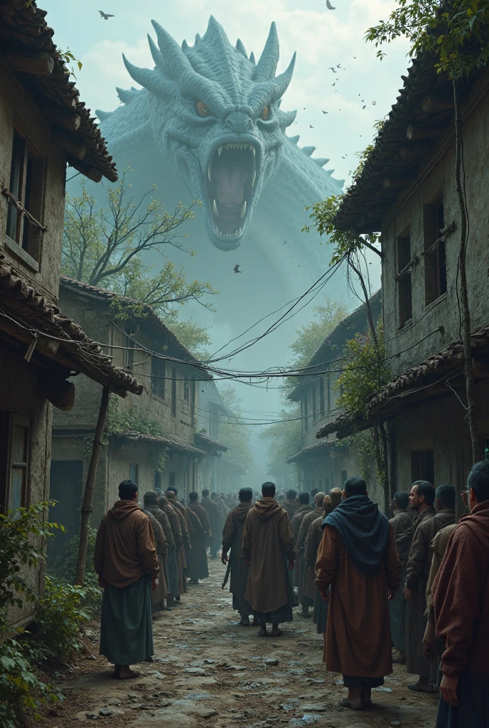 Otherworldly monsters, three big faces, 80 meters, walking through a Japanese town, ((masterpiece, highest quality, 8K))