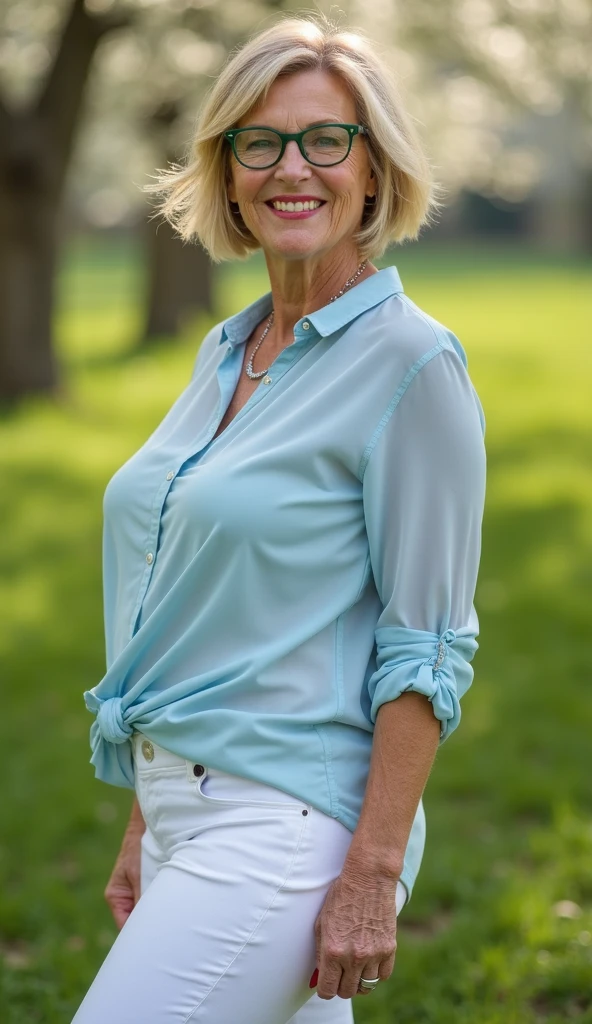 closeup portrait of dianadouglas, white blouse, jeans, belt, outdoor, country ranch <lora:DianaDouglas:1>