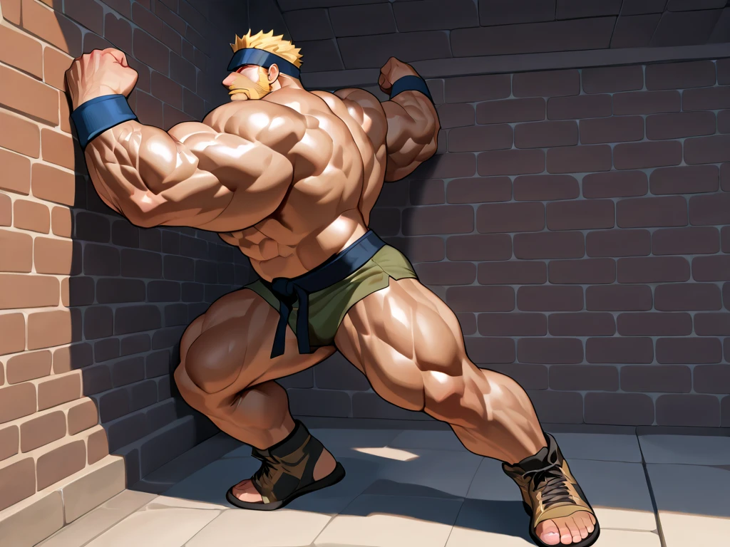 (Eine detaillierte Zeichnung von Son Goku, bodybuilding gym.), shirtless, huge muscle Body, Big Bizeps, Big shoulders, muscukar legs,abs, barefoot, mma, boxing,shirtless, Most muscular
