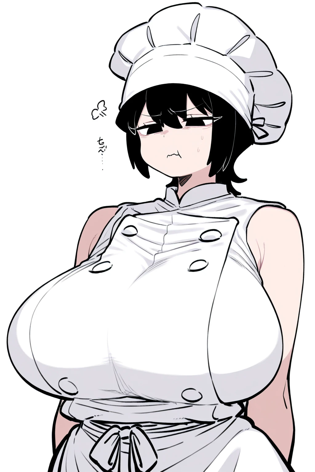 Kind Face,Embarrassed face、blush、Powerful、Grandinos,Sensual,woman,25 years,sexy,apron,Grand Bust,voluminous body,Exercised,Broad shoulders、clavicle,Curvy,Big Breasts,alone,whole body,Grant Lacerro,Caderona,Big Hips,Perocorto Pixie Cut
