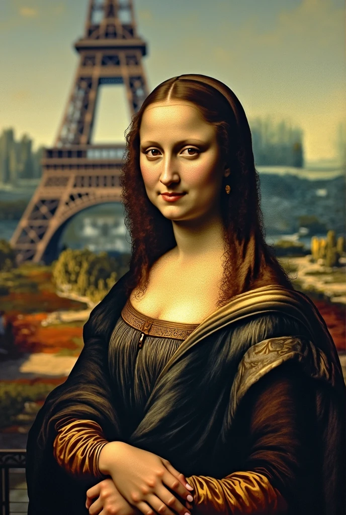 completely  Mona Lisa in a modern city sits on a 