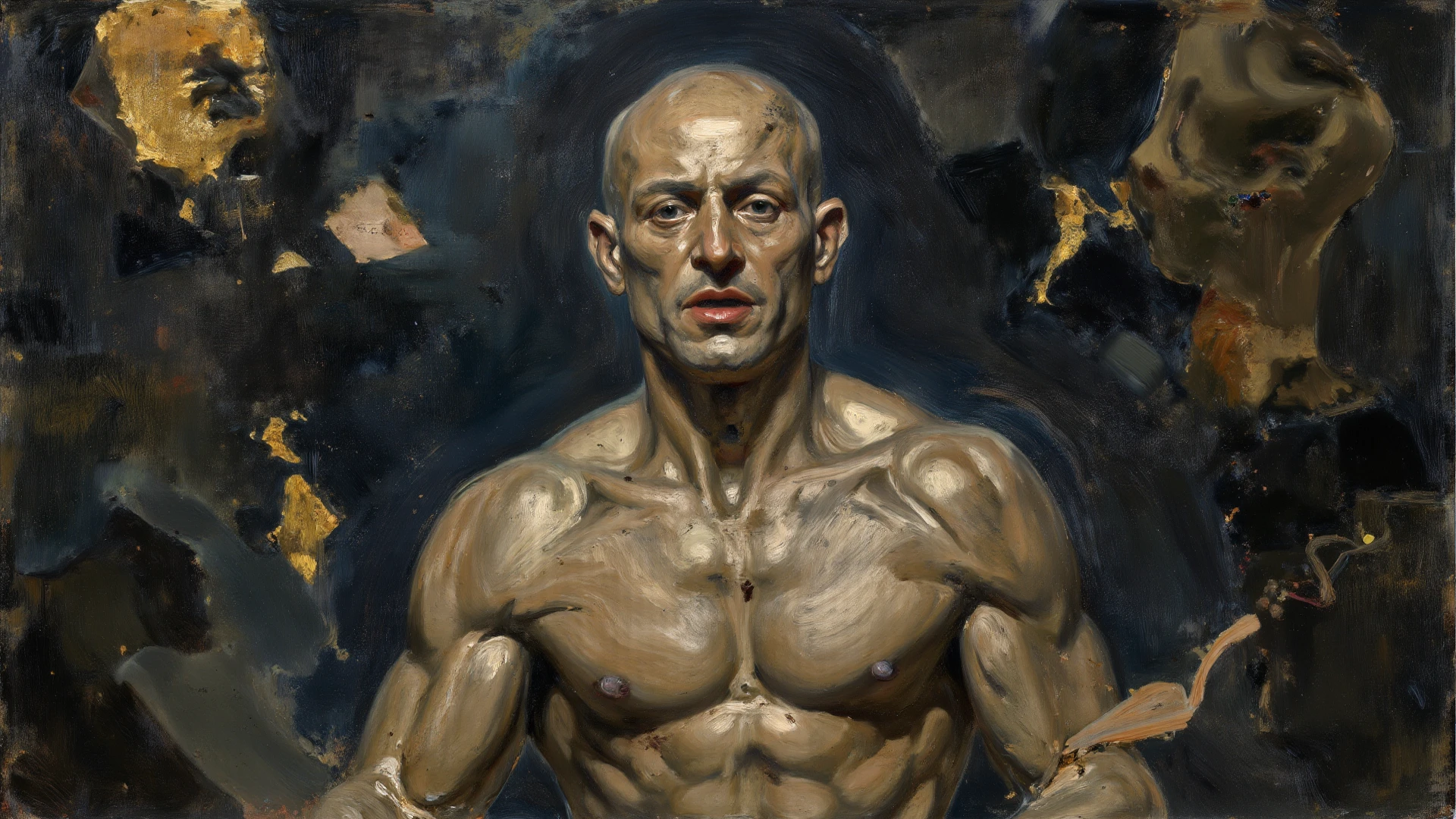 Macabre style, dark, gothic, grim, haunting, highly detailed, bodybuilder with shaved head, very tall, arms on head, (white but beautiful:1.4), (masterpiece, best quality:1.4), in the style of nicola samori, UHD, retina, masterpiece, accurate, textured skin, anatomically correct, super detail, high details, award winning, high quality, best quality, highres, 4K