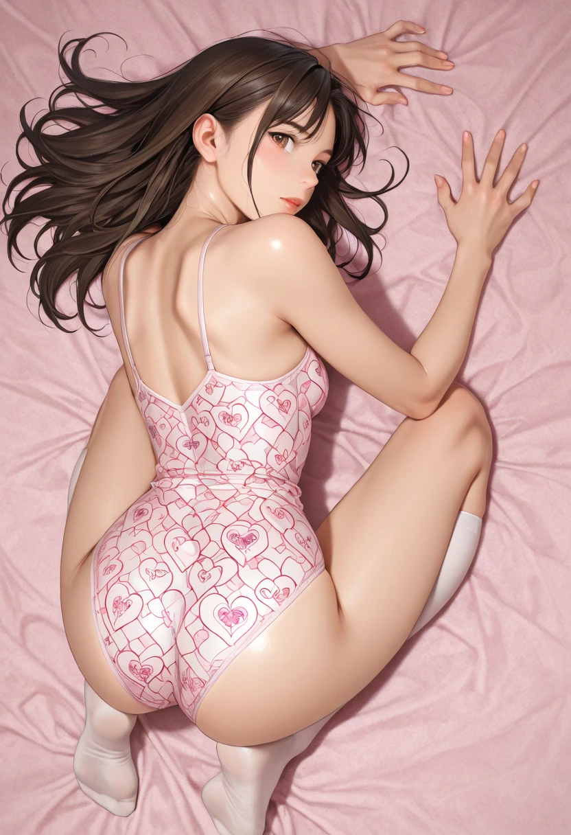 Sleeping girl, 22 years old, realistic, she is wearing one-piece underwear. She has nice ass, she is wearing pink pajama, brown hair.