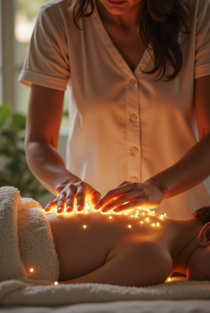 A serene acupuncture session with a practitioner gently placing needles on a person’s back, who has a soft, glowing light emanating from their pineal gland. The setting is a tranquil room with calming colors and subtle cosmic patterns. --ar 16:9