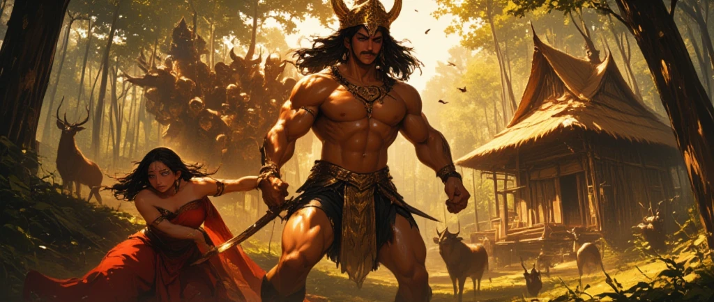 "Create an epic illustration featuring Kalki, the prophesied tenth avatar of Vishnu, at the center. Kalki is depicted as a majestic figure with a radiant, glowing body and a handsome, dark complexion. He is wearing divine, shining garments that reflect his supreme status and divinity. Kalki rides a magnificent white horse named Devadatta, holding a gleaming, celestial sword in his hand, symbolizing justice and power.

Surrounding Kalki are his principal warriors and divine allies:

1. **Hanumanji**: The devoted monkey god, Hanuman, stands strong and powerful with his characteristic mace, ready to assist Kalki. His form is muscular and exudes immense strength and loyalty.
   
2. **Raja Bali**: The noble and wise king Bali, depicted with regal attire and a calm, composed expression, represents his ancient wisdom and leadership.

3. **Ashwatthama**: The formidable warrior from the Mahabharata, Ashwatthama, is shown with his iconic gem on his forehead, symbolizing his immortality and unyielding strength.

4. **Parshuram**: The sixth avatar of Vishnu, Parshuram, appears as a fierce and austere figure with a battle-axe in his hand, embodying the spirit of righteous warfare.

5. **Veda Vyasa**: The great sage and author of the Mahabharata, Veda Vyasa, is shown with a wise and serene demeanor, holding ancient scriptures, symbolizing his immense knowledge and spiritual authority.

6. **Kripacharya**: The revered warrior and teacher from the Mahabharata, Kripacharya, is depicted with a noble and stern expression, ready to guide and protect.

7. **Vibhishan**: The righteous brother of Ravana, Vibhishan, stands with a calm and virtuous aura, representing justice and devotion.

The background is a dramatic battlefield with dark clouds and lightning, signifying the epic battle between good and evil. Divine light emanates from Kalki and his allies, contrasting with the ominous surroundings, highlighting their divine mission to restore Dharma.