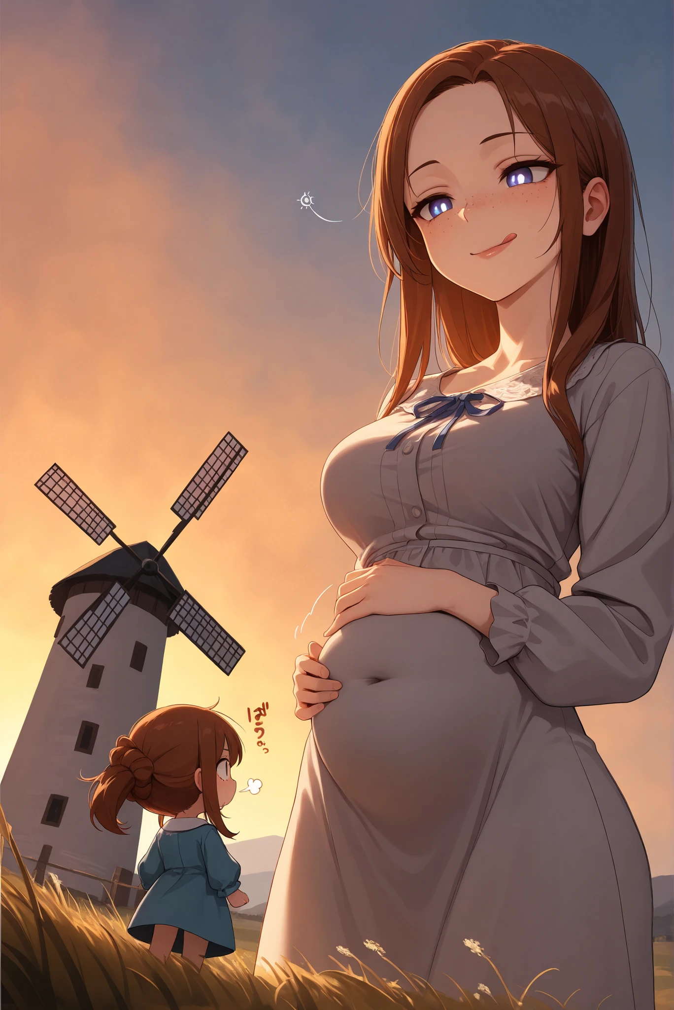 masterpiece, high quality, best quality, 
fully dressed, covered navel, belly concealed by clothes,
countryside meadow, windmill, Scandinavian woman, Scandinavian blouse, hair extension,
visible neck, long neck, visible forehead, freckles, moles, detailed eyes, detailed lips,
short giantess, slim waist, slim belly, skinny, athletic, slight muscles, medium breasts,

detailed background, dramatic lighting, underlighting,
closeup, sideview, from below, single panel,

2 characters staring at each other from afar, spaced apart, height difference, large female looming over chibi girl, 
large female [hair blowing in the wind, one hand on the floor, one hand placed on her belly, touching her own belly, leaning, head tilted down, head tilted sideways in curiosity, eyes and pupils staring downward, stares directly down at chibi girl, dramatic downward gaze, no fourth wall break] and chibi girl [foreground, located at the frame's margin, three-quarter turn, back to viewer, facing large female, standing, staring up at large female, alarmed, in awe, casual clothes],  

closed mouth, licking her lips, drool, evil glare, evil smirk, narrowed eyes, 
swallowing whole, throat bulge, neck bulge, swollen throat,  

digestion SFX, "gurgle" and "slosh" and "glorp" sound effects from her belly, 