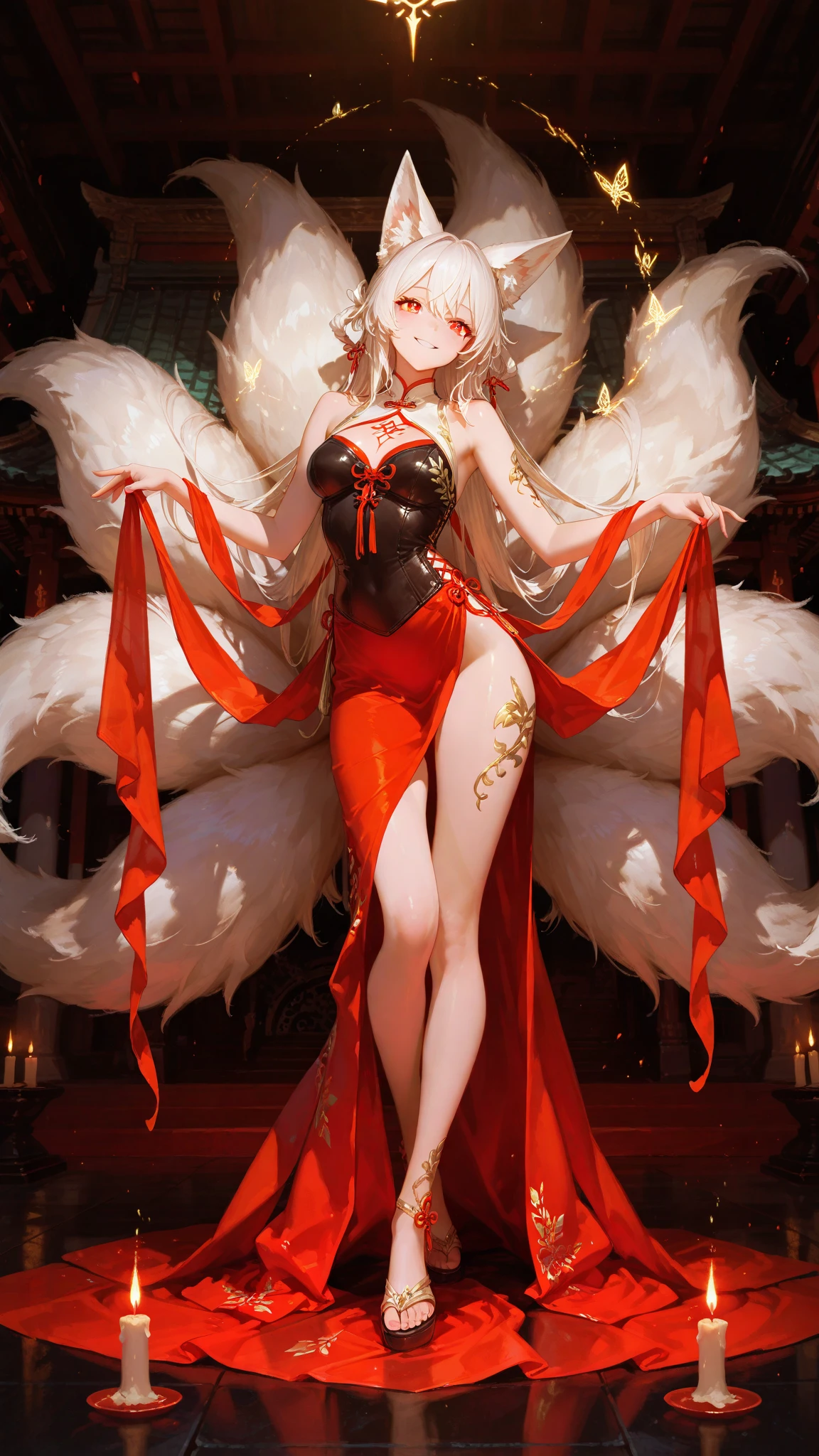 realisti、1 adult female。Crimson china clothes、White pantyhose、Enchanted smile、Long platinum blonde hair up to the waist。long white shaggy、Fur shawls。highheels、long legs。elongated face、lipgloss、Double eyelidd、long curled lashes、Wearing makeup。Wearing earrings。Wearing a kanzashi。Wearing satin gloves。