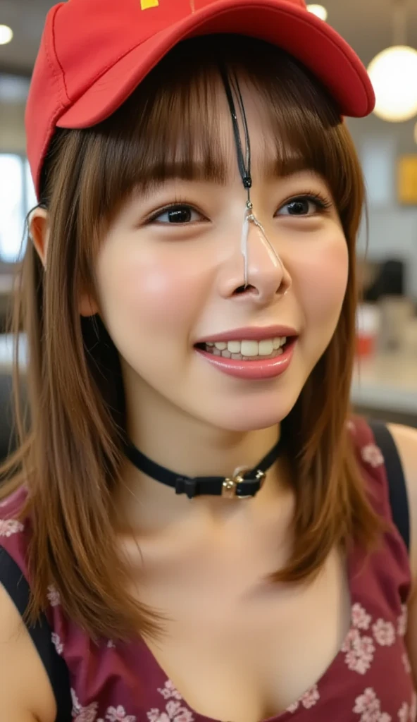 (nsfw:-2), realistic, photo-realistic,masterpiece,best quality,high resolution, extremely detailed, intricate details, (portrait,face focus),solo,1girl,a Japanese woman,(frowning), dark blue hair,short bob hair,shaggy hair,tied hair, detailed face,detailed eyes,light brown eyes, beautiful pupils,big double eyelid, long eyelashes,pale skin, sweaty,shiny skin, sophisticated nose,realistic nostrils,long and narrow nasal cavity, collarbone,(wearing a revealing blouse, sweetheart neckline, shorts),(nose hook,strap),(metal collar, chained, leashed),Heavy Makeup,((laugh with tongue out)),