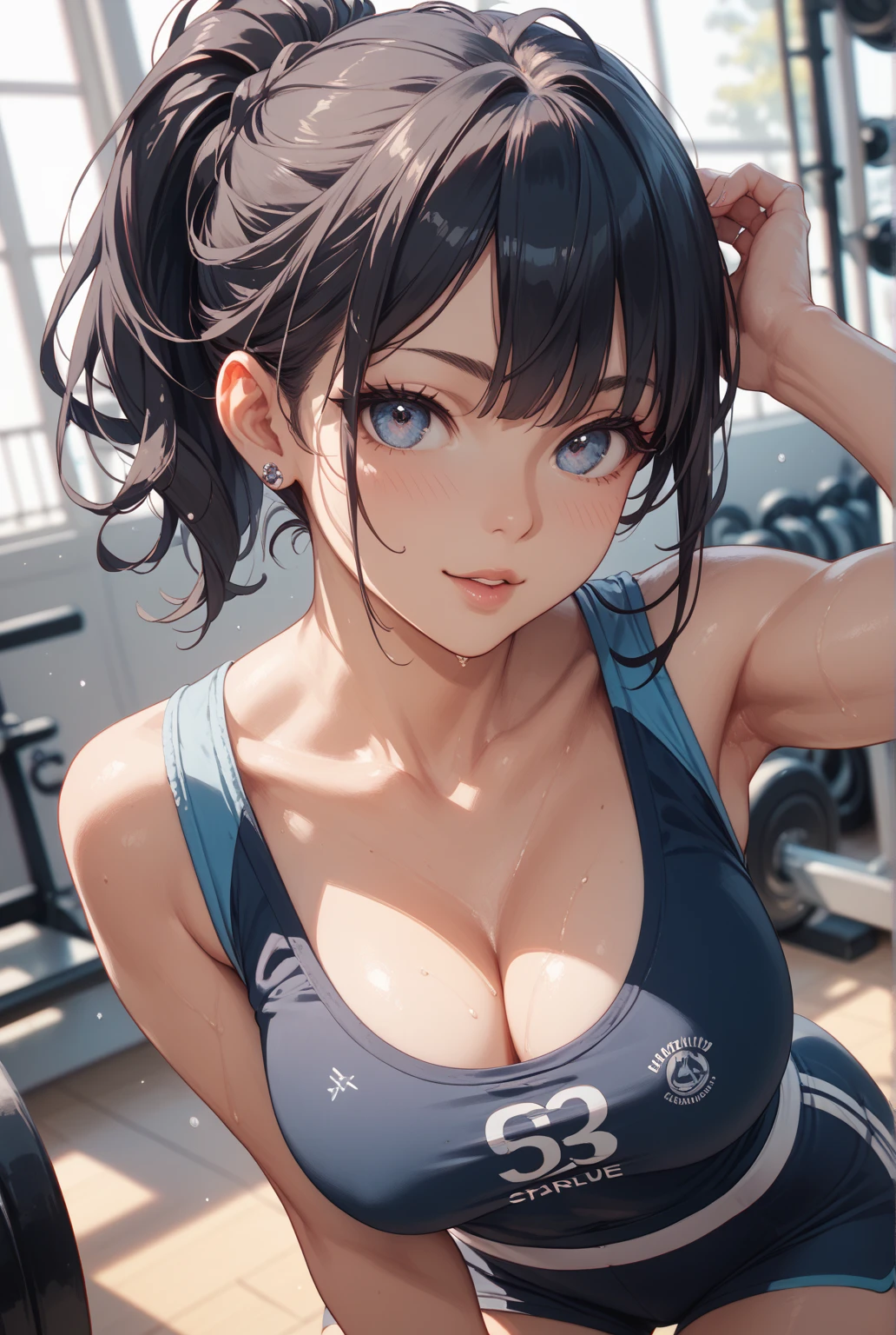 ((masterpiece)), (bestquality), ((ultra-detailed)), depth of field, (dynamic angle), (beautiful detailed blue eyes), 1woman, ((full body portrait)),((voluminous long black hair styled into one single long braid down to her waist)), perfect Body, ((medium bust, cleavage)), smiling, (Beautiful woman wearing a gym outfit, inside a gym), (toned and slender body), black hair, (sexy abs, cleavage), gym_outfit, bracelet, necklace, bulge, taking a Selfie,

