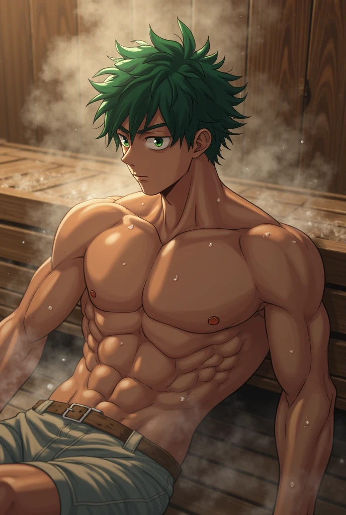 A shirtless anime guy with muscular green hair and green eyes and a 6-pack abs lies on the bed with a serious look.