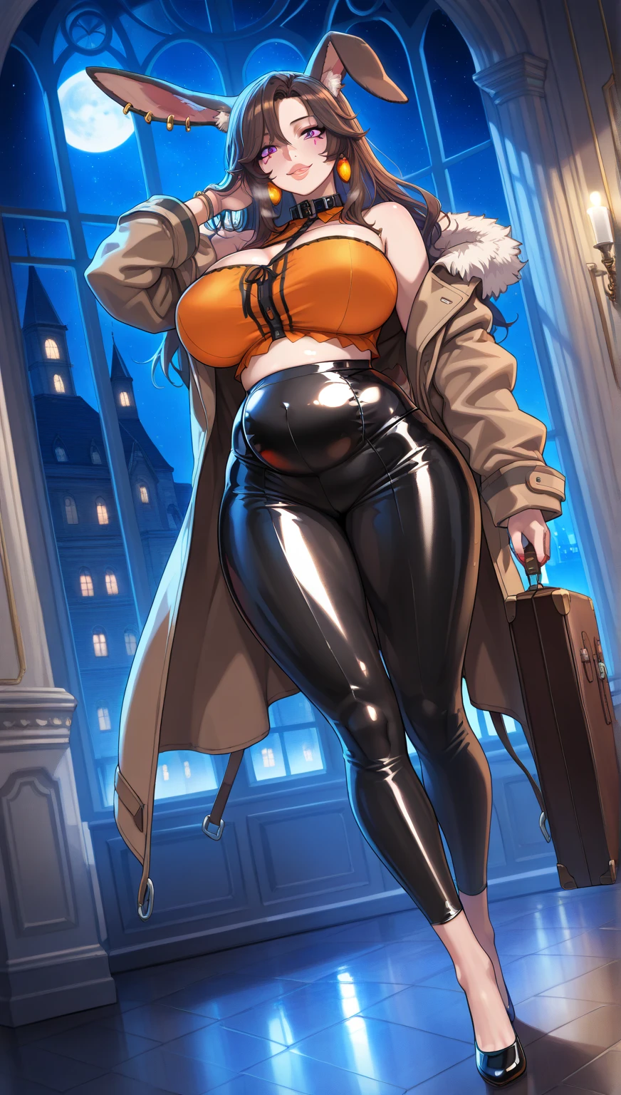 (masterpiece, best quality:1.2), (high resolution, 8K RAW photo, photo realistics, clear focus, thin outline:1.3), (natural lighting, textile shading), snap, pov, ((solo:1.37)), (1 matured woman, 24 years old, raised sexy), ((milf:1.5)), ((nfsw:0.8, fuge breast:1.3, sagging breast, big tits, breast cleavage, harass sexually, in heat:0.2)), ((Bright beautiful eyes with highlight:1.3, fine detailed eyes, high detailed pupils)), beautiful girl wearing winter outfits:1.5, ((cute girl playing around in the falling snow:1.5, dancing, stepping, with fluttering:1.2, turnning, spinning, spreading legs, opening arms widely, fluttering hair)), ((winter outfits, wearing light orange winter coat:1.2, winded winter coat, cable knit sweaters, skinny denim:1.5, knit scarfs around neck, tihg_length long boots1.1)), your body decorated with fallen snow, in the snow, (looking at viewers, with seductitve smiling, half-closing eyes), ((little opening mouth:1.2)), silver based purple meshed hair, medium long hair, hair over one eye, asymmetric hair, side rock, blue eyes, (Luxury detailed accessories, necklace, earrings, Bracelets), bokeh, dynamic angle, close-up face:1.3, ((full body:1.37,from below:1.1)), ((full bodiEsbian, correct anatomy:1.6, perfect anatomy:1.3, ideal ratio of body proportions, correct hand:1.5, small hands)), outdoors, in a snowy forest, snow covered ground, trees decorated with snow, floating snowflakes,