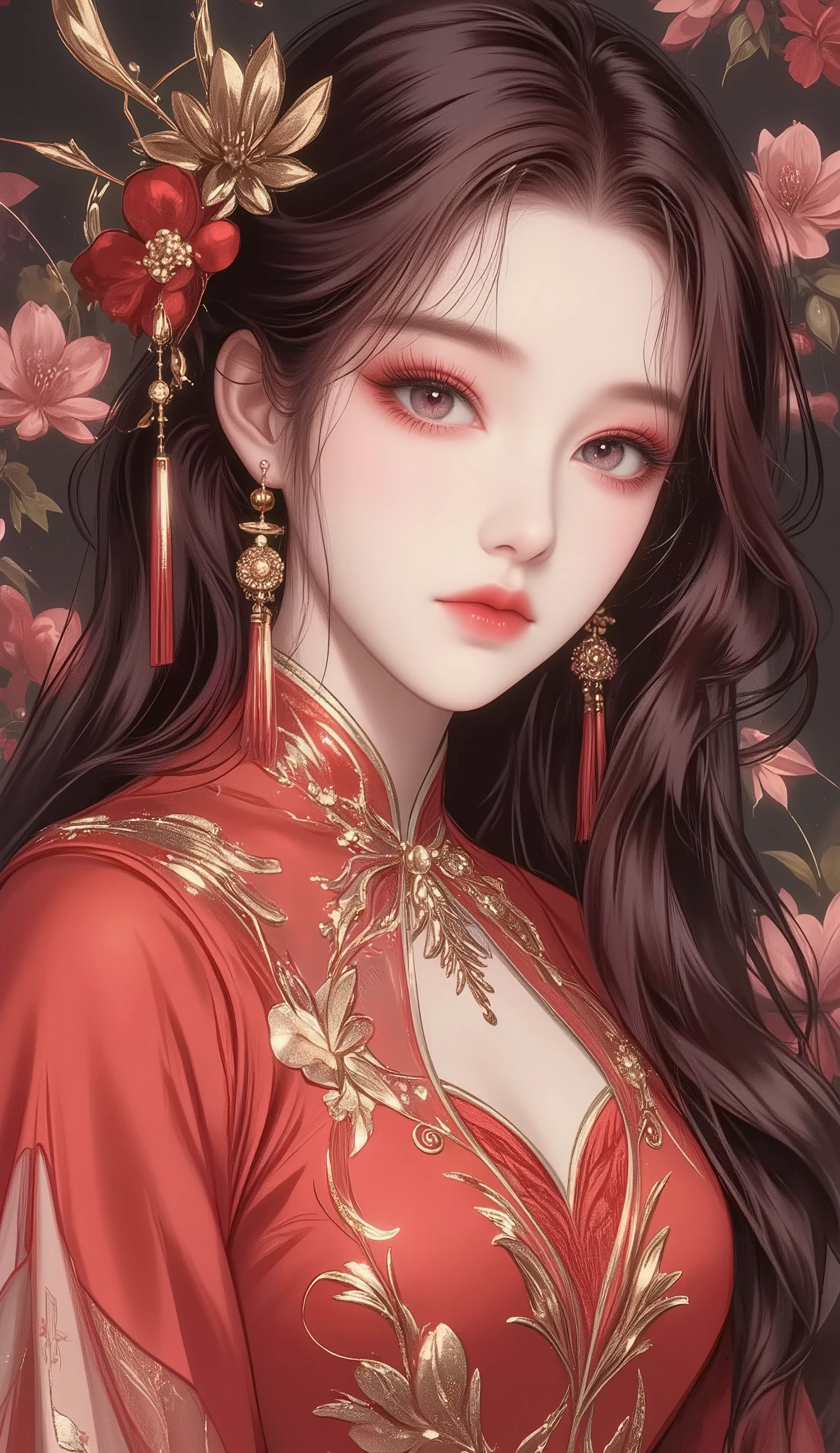 Red Long Sleeve Antique Chinese Dress, Black Straight Hair,Full body,Arrogant Glitter, flower background,