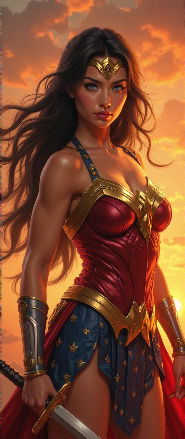 (Masterpiece), (Top Quality), (Realistic:1.4),(Realistic:1.3), 1Woman, Wonder Woman, (Intricate Details, Makeup), (Delicate and Beautiful Delicate Face, Delicate and Beautiful Delicate Eyes, Face with Perfect Proportions), (Delicate and Radiant Skin: 1.2), Delicate Skin, Strong and Realistic Blue Eyes, Realistic Black Hair, Lips, Makeup, Natural Skin Texture, Tiara, Jewelry, Star \(Symbol\), Leotard, Bulletproof Gauntlets, Red Boots, Golden Girdle, (Public Clothing: 1.5), Exposed Shoulders, Slightly sunburned, mature, sexy, elastic muscles, (muscles:1.2), ((strong and healthy body)), (more)muscles))), long legs, curves, (big breasts: 1.3), thin waist, soft waist, (delicate skin), (beautiful and sexy woman), (swollen lips: 0.9), very delicate muscles, thick eyelashes, long eyelashes, (curly black hair: 1.1), (mutilation), feminine, detailed body, (detailed face: 1.1), (outlined iris), (search lens), (perfect eyes), tall body, profile pose, outward, head:1.3, ((Hasselblad photo)), soft lighting, dynamic angle, cinematic lighting, masterpiece, smile, detailed face, (RAW photo, top quality), toned body, firm, perfect breasts , instagram trends, tumblr trends, vibrant, film stills, gorgeous, high and long field of wheat, sun setting on the horizon of the field, wonder_woman_cosplay_outfit,