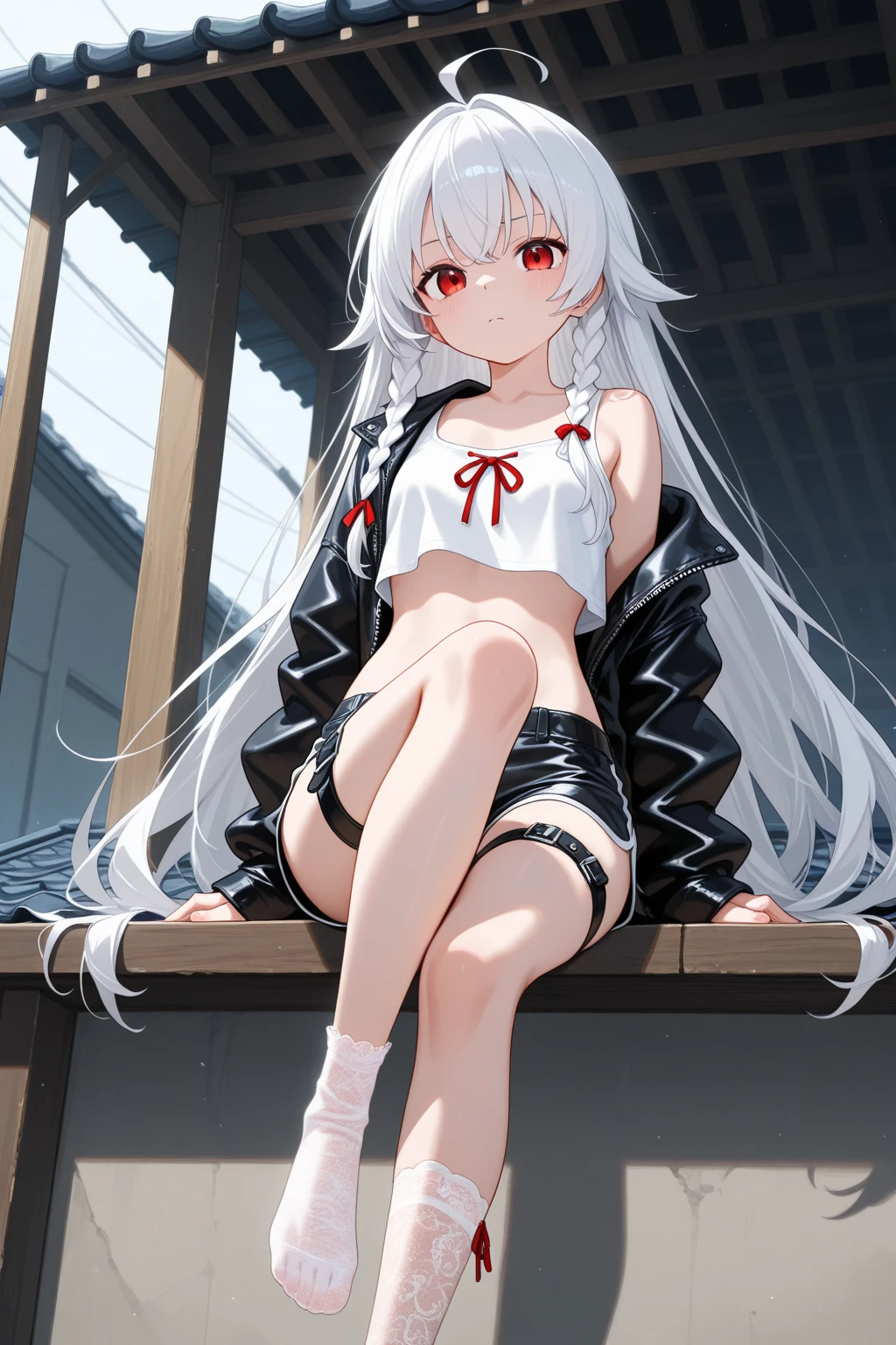 Masterpiece, top quality, best quality, official art, beautiful and aesthetic, anime, 1girl,extremely detailed, colorful, more detailed ((ultra-detailed)), (highly detailed CG illustration),Best Quality, High resolution, Unity 8k Wallpaper, (Illustration:0.8),extra detailed face, Perfect Lighting, extremely details CG, (Perfect hands, Perfect Anatomy), church, benches, icons, candles, dark light, crosses, 1girl, 30 years,long white hair,big red eyes, devil horns,long robe,small breast,skinny fit, small ass,long legs,stockings,stocking suspenders,thighs,heels,in middle,looking in camera,sitting in bench, cross legs, from below.