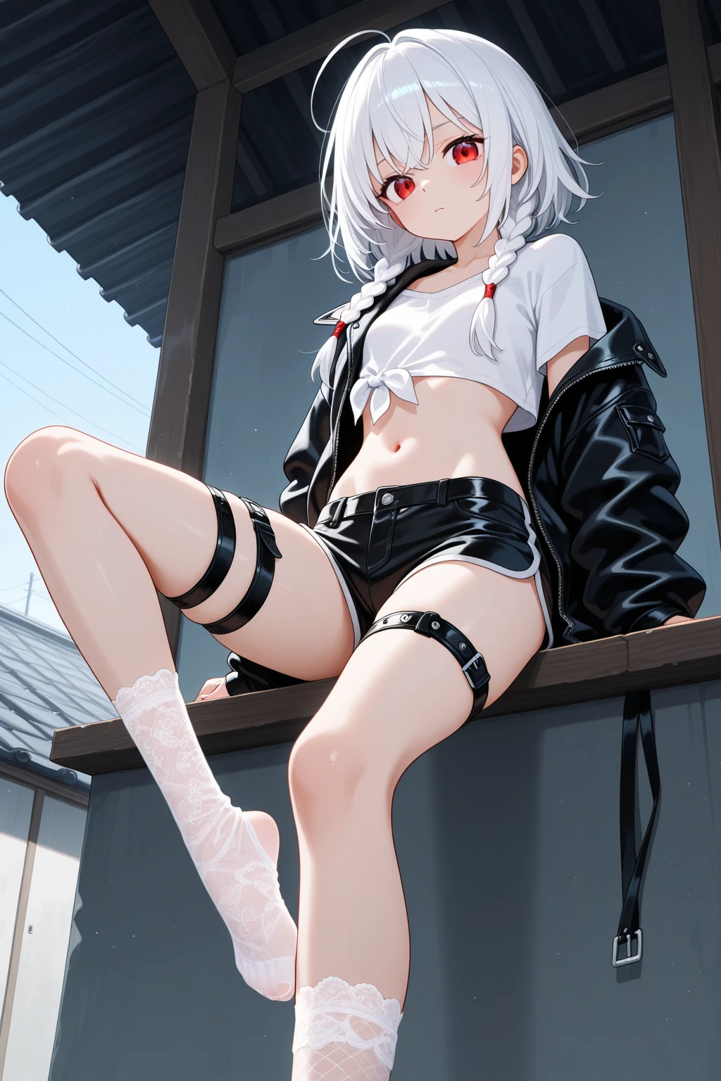 front，Evening light，The park is crowded with people，15 year old girl，A white-haired man with short hair、Girl wearing white tight thong，stand，Peerless beauty，perfect face，Perfect body，pink skin under thong， exposed navel，legs spread，spread your legs，The thighs are very thin，The calves are very thin，Anime girl&#39;s legs slightly spread,White sweat on inner thighs，White sweat on the abdomen，Place your hands on your chest，armpit, beautiful anime girl, Anime Barbie wearing white knee-high socks, pretty face，small breasts，Wear a white sports bra，cover upper breast, smooth pink skin，strangulation marks，sweat，wet，(facial)Smile，blush，Finger Biye