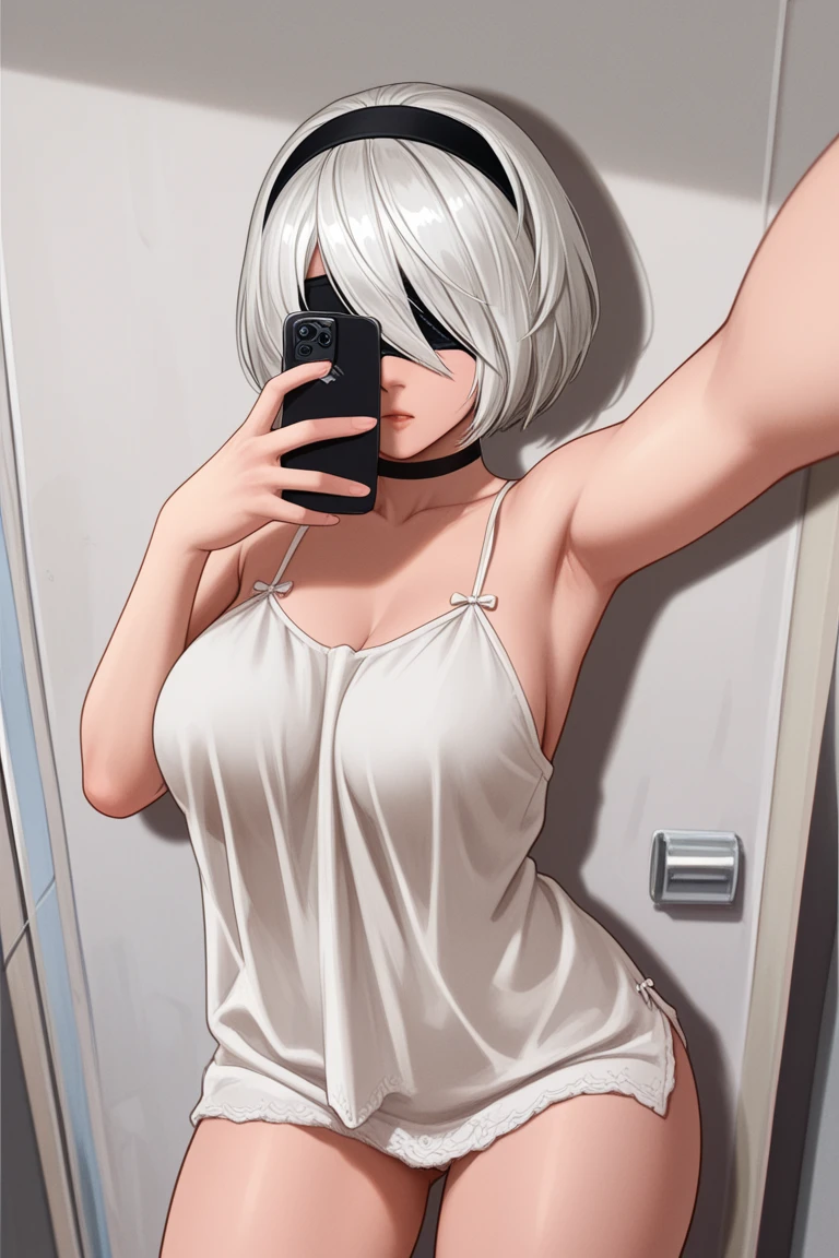 score_9, score_8_up, score_7_up, score_6_up, score_5_up, score_4_up, 1girl, 2b \(nier:automata\) white hair, bob cut, blindfold, voluptuous, large breasts, BREAK (masterpiece:1.2), best quality, high resolution, (illustration:0.8), (detailed eyes:1.3), perfect lighting, (perfect hands, perfect anatomy), hearts, pleasured, reflection, selfie, mirror, phone, covering nipples, covering, solo, large breasts, tiny waist, wide hips, huge ass, thick thighs, thick, perfect body, sexy body, Asselfie, lying, thong, cellphone, crossed ankles,, excessive pubic hair,