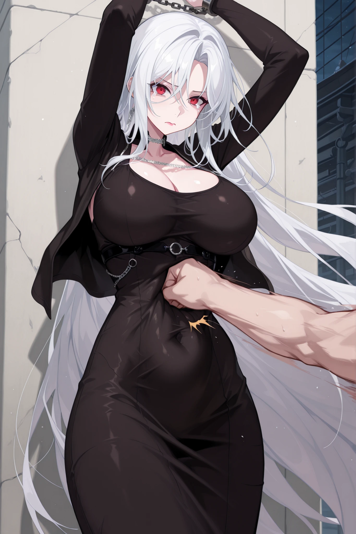 masterpiece,best quality,highres,Super detailed,very detailed,highest quality,super detailed,high quality,high-definition,extremely detailed, absurdres,perfect lighting,outdoors,hanging all hands over head,hanging two hands over head,chain restrict her wrist,straight body,Straight body,Straight Body,straight belly,Straight belly,Straight Belly,sexy,sexy belly line,Sexy belly line,Sexy Belly Line,(((((bellypunching,Bellypunching,Belly punching,Belly Punching,belly punching:1.2))))),
*//*,pectre_neo,1girl,solo,white hair,long hair,very long hair,red eyes,large breasts,cleavage,score_9,score_8_up,score_7_up,score_6_up,dongtan dress,Dongtan dress,Dongtan Dress,black dongtan dress,Black dongtan dress,Black Dongtan Dress,taut clothes,impossible clothes,no sunglasses,lipstick,off shoulder,
*//*,looking at viewer,small tears