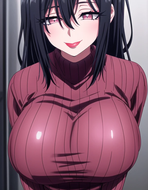 ((Tabletop, Highest quality, High resolution, Pixel perfect,  4K, nsfw)))、1 Girl, single, alone, Beautiful woman、 ((short hair, Long sideburns、Black Hair)), ((Red eyes, Beautiful eyelashes, Realistic eyes)), ((Detailed face, blush:1.2)), ((Smooth texture:0.75, Realistic texture:0.65, Realistic:1.1, Anime CG Style)), (((Muscular)))、((Huge breasts、Thick thighs)), Perfect body、Office room at night、((((Embarrassing、blush))))、((Sweat))、Gold Hair Ornament、Are standing、(Put your hands behind your head、Armpits)、red ribbed sweater、