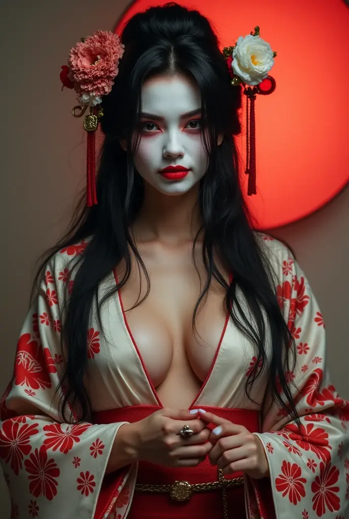 8yk, raw photo, (masterpiece), (best quality 8k), high resolution, (1 girl) vampire geisha, beautiful woman, hot, night maiden, big breasts, goddess of darkness, wearing a short red and black kimono with skulls drawn (realistic, photorealistic: 1.2), ultra detailed, physically-based rendering, blood dripping on the side of the mouth