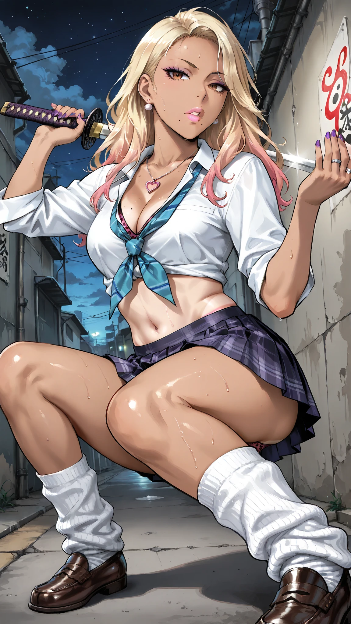 realisticlying, A high resolution, softlighting,a pink hair 1 woman, Alone, hip-up, shiny skin, (accentuated super huge enormously gigantic breasts, Detailed face, school classroom background), school girl uniform plaid school girl skirt white thigh high socks and mini thong, Tattooed with