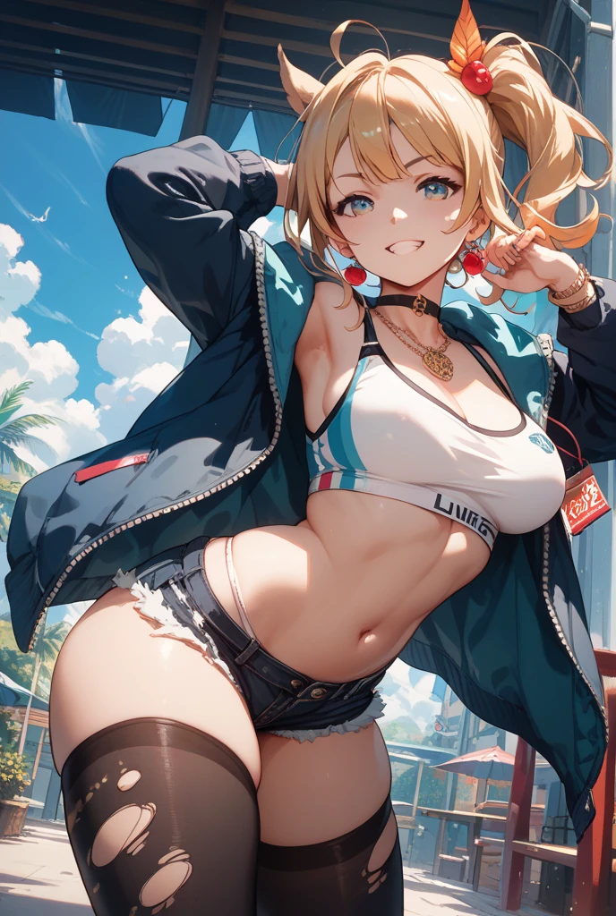 masterpiece,(ultra-detailed),1girl, mysterious heroine xx \(fate\), half_eyes,smile,open mouth, swimsuit, white bikini, side-tie bikini bottom, shrug \(clothing\), jacket, thigh strap, wristband, large_breasts, ocean, splashing,blonde_ponytail,open_legs,cap,happiness,