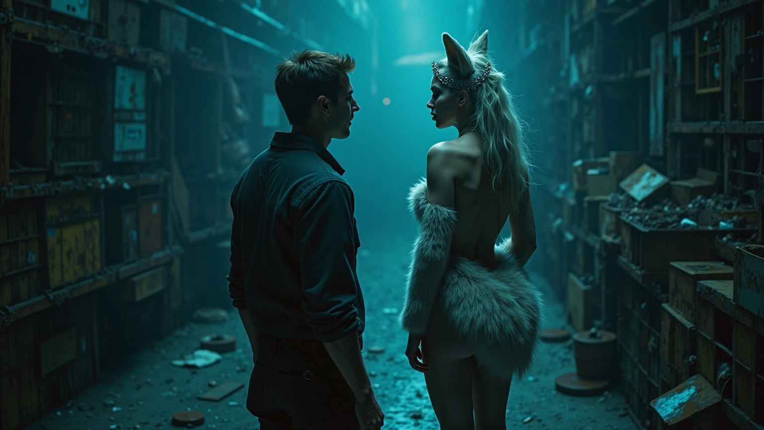 Woman 25 years old, short curly blue hair, green eyes, White skin, orange latex corset, huge breasts, huge buttocks, with fox ears and tail in bar with red neon lights dancing for man with wolf mask with aviator glasses with Adidas sportswear, There are alcoholic beverages, Jack Daniels
