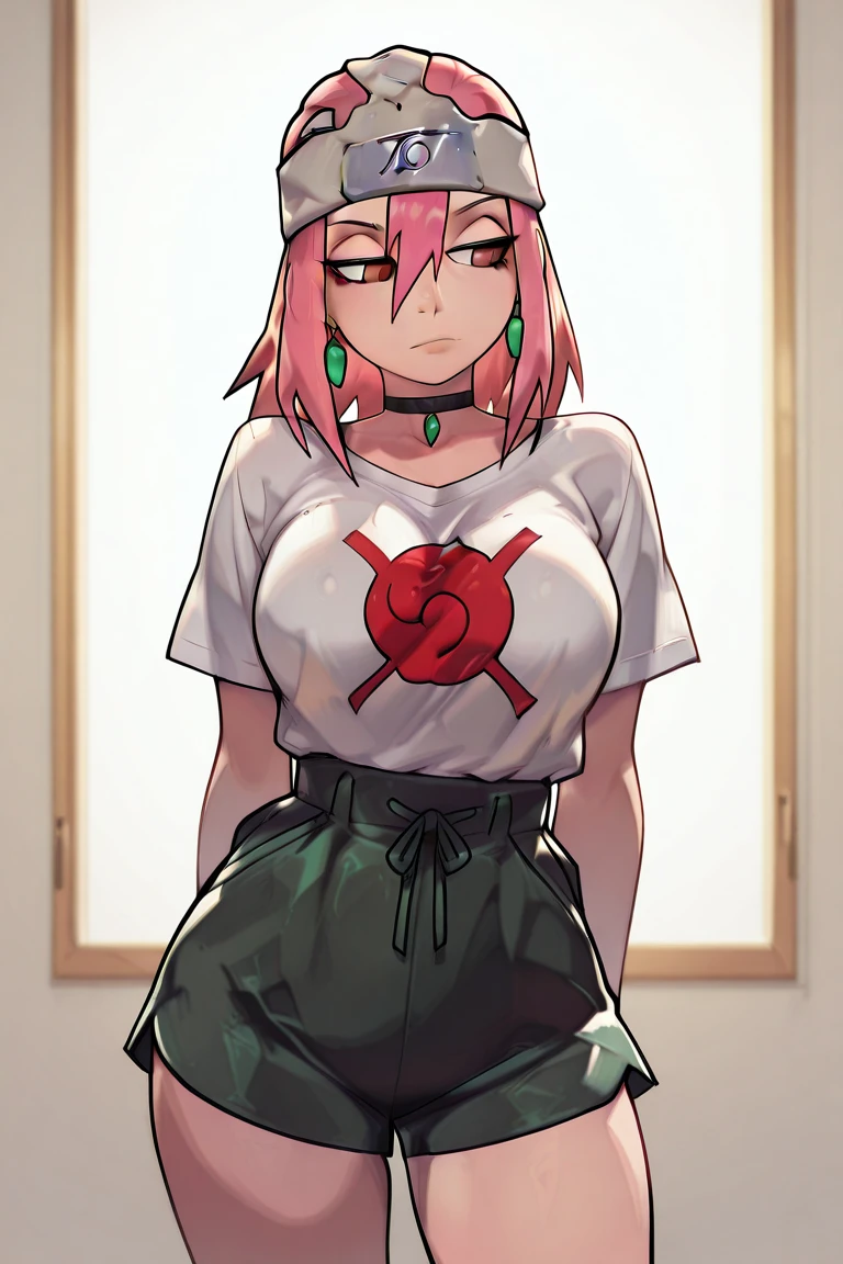 Sakura Haruno, obra de arte, (fotorrealista:1.4), melhor qualidade, beautiful lighting, SakuraNS, Sozinho, olhando_no_visualizador, sem mangas, luvas, preto_luvas, (cabelo rosa), seios bonitos, coxas grossas, bunda sexy, konohagakure_symbol, inclinando-se_advance, foto crua, 8k hd, film grain