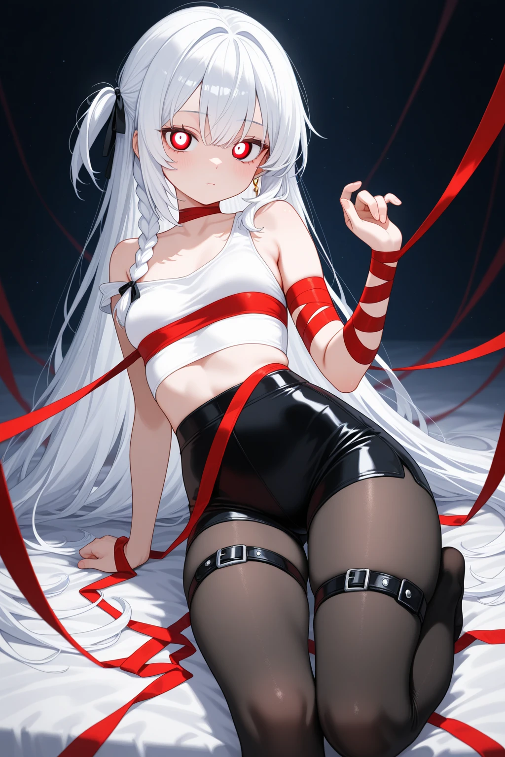 Long-haired anime girl sitting on bed,Wear red stockings, seductive anime girls, , anime barbie in white stockings, Surrealism female students, Surrealism female students, Smooth anime CG art, the anime girl is crouching, beautiful anime girl crouching, Fine details. Girl front,Tied by Pixiv3DCG, Popular on ArtStion Pixiv,Arms_Behind_back, Ball_gag, BDSM, Bondage, Bound, Bound_Ankles, Bound_Arms, Bound_Legs, Bound_wrists, box_tie, breast enhancement_Bondage, Crotch_Cord , Gaggage, Gaggage, Red_Cord, restraind, Cord, shibari, shibari_polypubic hair_clothes, Tape_gag, hammann, Cloth_gag, improvisation_gag, cleave_gag, Tied_Up_\(Nonsexual\), bit_gag, Suspension, bangs, frogs, parted_bangs, Tape, femdom, Red_Eyes, Breasts,saliva、ribbon_Bondage、nase_Blush、(White_legwear:1.4)、a skirt、锁链、Looking、Blushlush、1girll、Long_Sleeves、ring_gag、spreader_Bar、skin indentation、Looking_To_The_Side、mitts、Bare_bshoulders、full_Body、drools,Binding constraint information