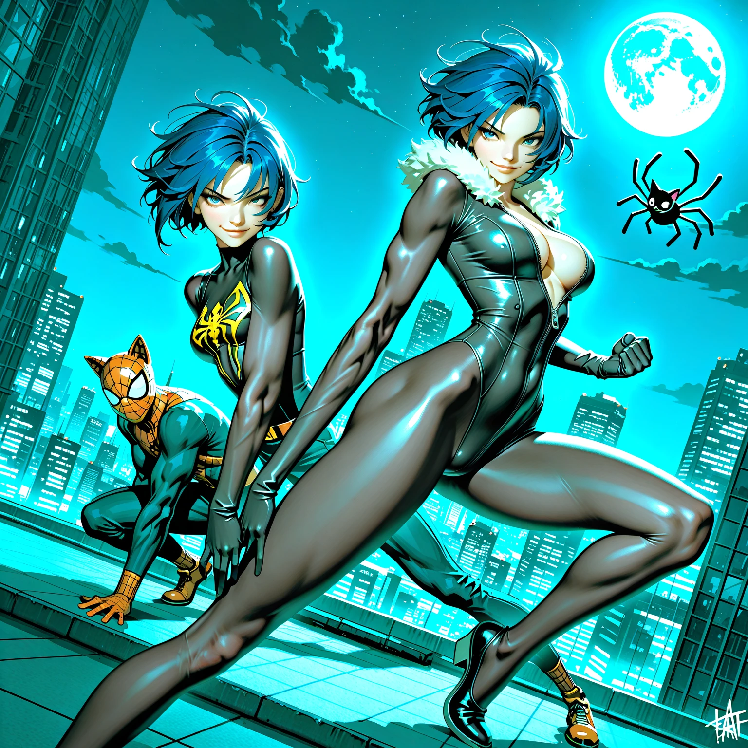 character concept art, menacing pose, 1girl, fair skin, Yusuke Murata art style, girl alone, short hair, black hair, blue eyes, anime girl with tattoos on right arm, anime digital art, beautiful anime girl, female anime girl, anime art, muscular!, big oppai, ilya kuvshinov, badass 8k anime, anime art, cuberpunk hair, very attractive, sensual, gothic,  blue vampire eyes, cute face, smiling, short black hair, perfect body, fit body, abdomen, big breasts, chubby butt, prancing ass, prancing butt, gothic clothes, cyberpunk clothes, vampire clothes, muscular, simple background with the moon, pale skin, vampire, seductive face,
