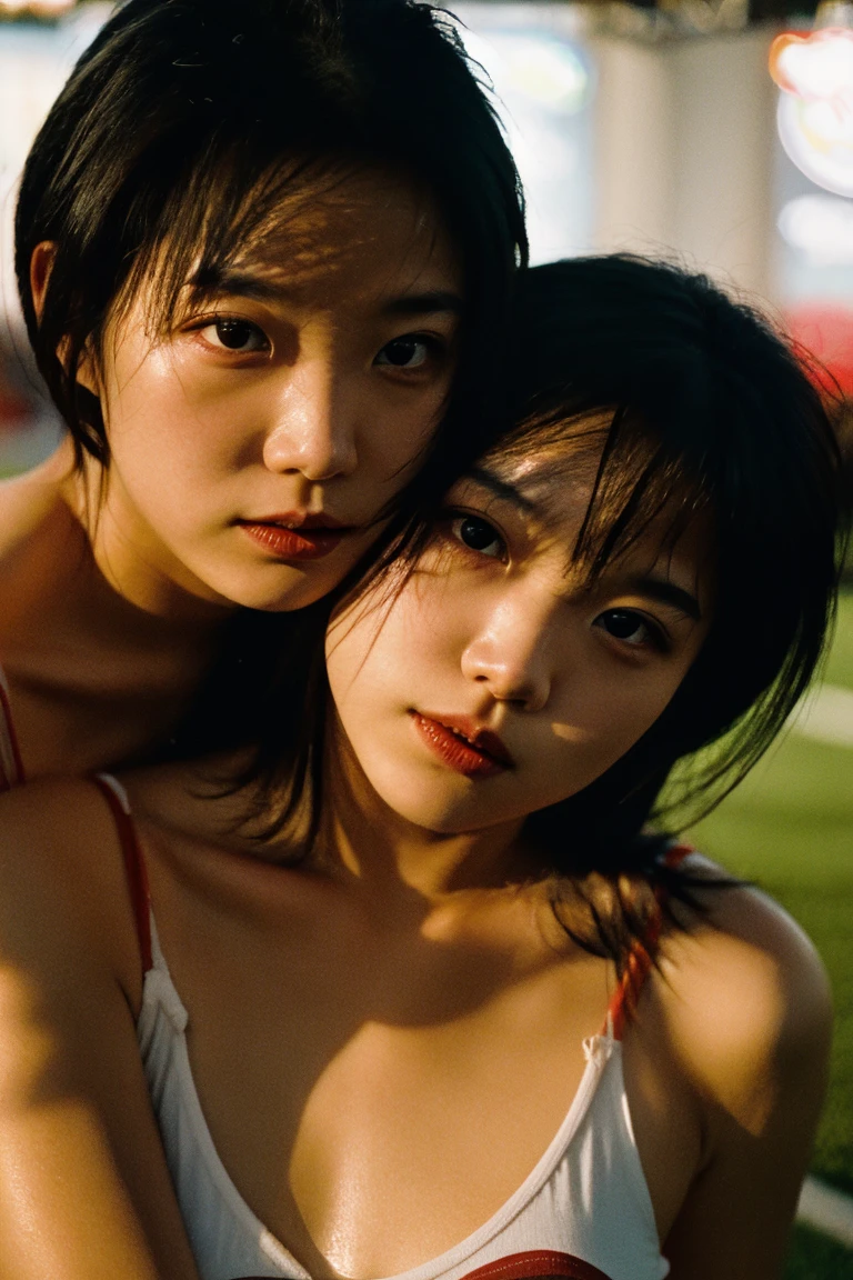masterpiece, best quality, 2girls, (closeup:1.5), 18yo teen, slim, small breast, side view, walk knee-deep in water, sad, tired, dirty face, green raincoat, (backpacks), heavy rain, downpour, flood, wasteland, train station, industrial ruins, grey, desolate, rain, dark, watercolor, analog, ((open coan:1.4)), ((topless:1.3))
