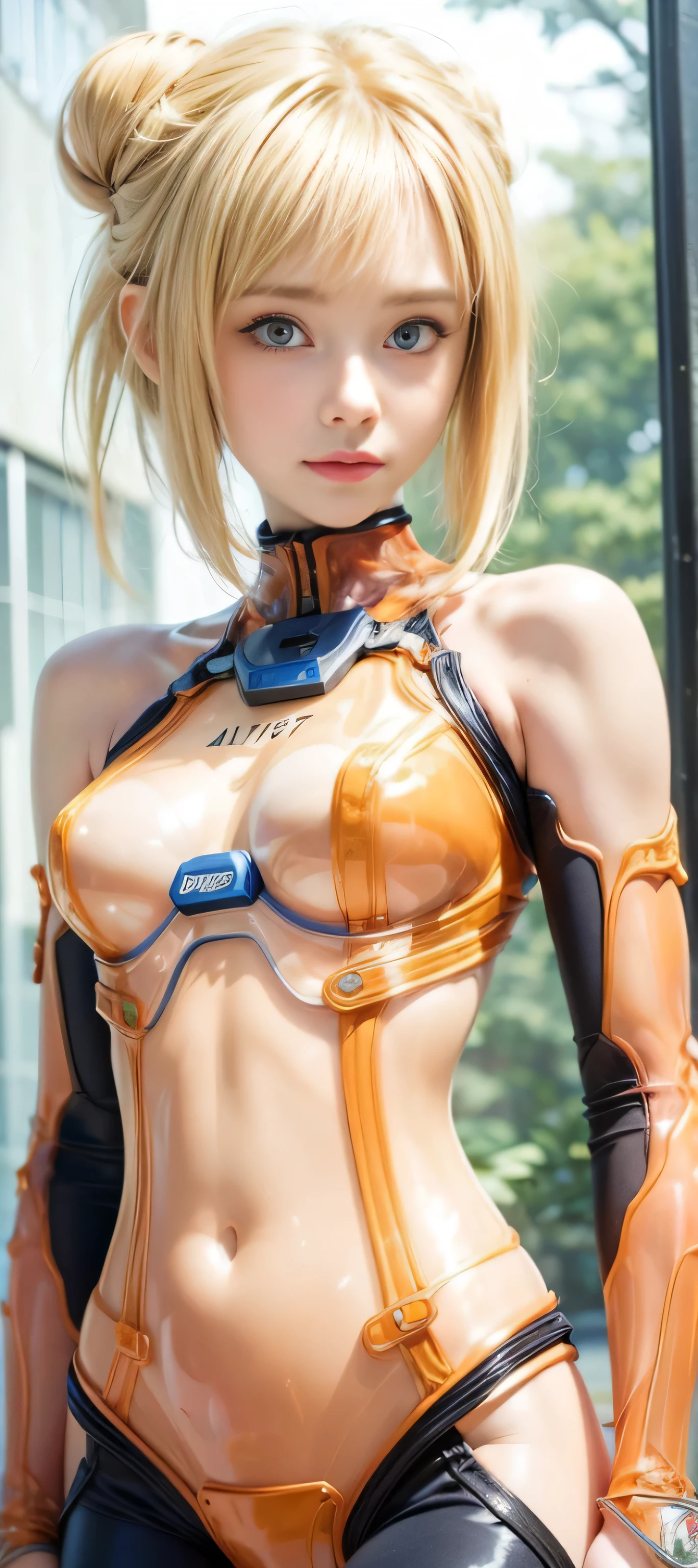 highest quality, masterpiece, ultra high resolution, (realistic: 1.4), RAW photo, blonde hair, Glossy skin, (1 Mechanical Girl), (Super realistic details), portrait, global illumination, Shadow, octane rendering, super sharp, (flat chest:1.3), Cleavage exposed raw skin, Metal, intricate decorative details, Japan details, very intricate details, realistic light, CG Society Trend, purple eyes, shining eyes, towards the camera, (neon details, mechanical limbs, blood vessels connected to tubes, mechanical vertebrae attached to the back, Mechanical cervical spine attachment to the neck, Wires and cables connecting to the head, (gundam:1.2), small led lamp:1.2), whole body, (any pose:1.4), (look into the navel:1.2), from behind,