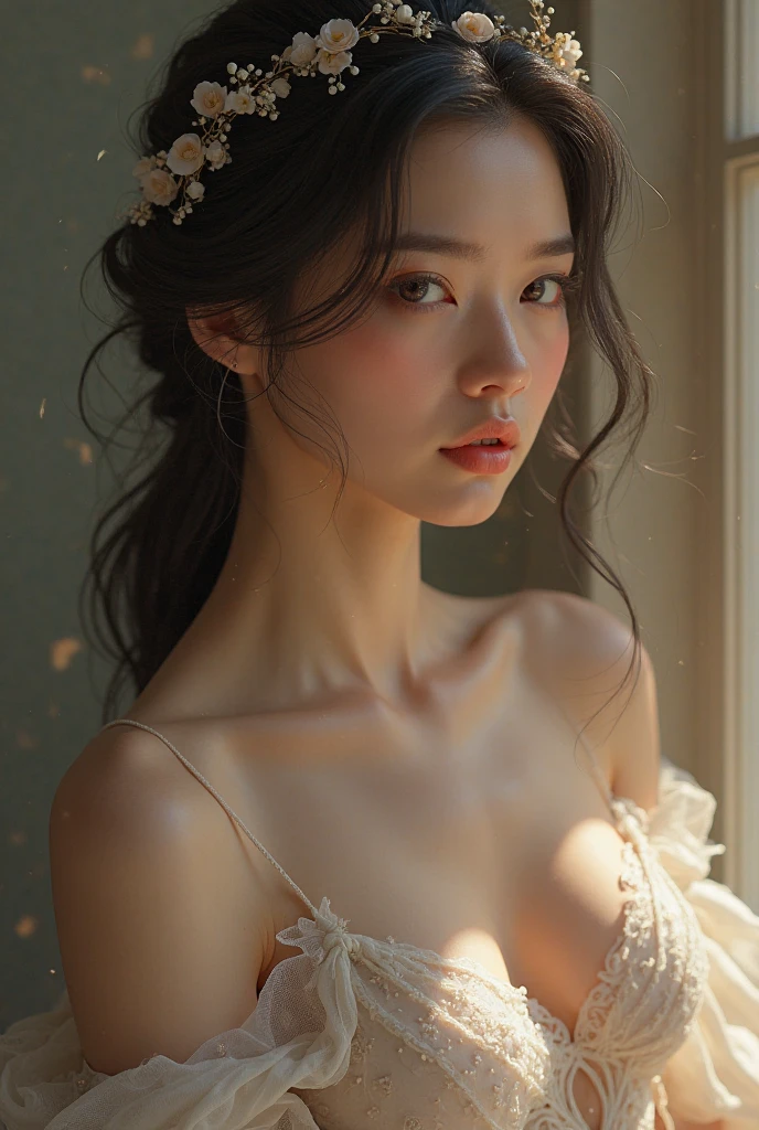 (Top Quality, 8K, Masterpiece: 1.3)), (1 person: 1.4), 1girl, Japan woman, Goddess, , portrait photography, high contrast, divine perspective, aperture F1.2, focal length 24mm, (full body: 1.2), smile, photo pose, fine lace, slip dress, simple cut dress, brand dress, simple cut, long black hair, hair tying, ultra detailed skin details, Detailed fabric texture sex