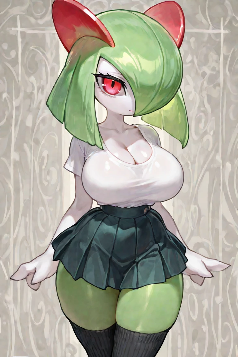 masterpiece, best quality, 1 girl, solo, kirlia, green hair, red eyes, white dress, green skin, short hair, wide hips, thick thighs, huge round ass, medium breasts, kiss, love, dark circles, freckles, sad, dynamic poses, ultrasharp, 8K, masterpiece, looking at viewer
