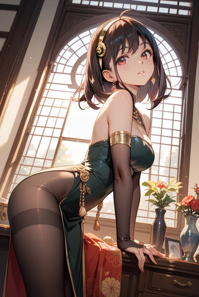 (((Horse Girl))), (((Fine Motion))), 1 person, Thighs, On a luxurious red sofa, (((She's sticking her ass out here))), smile, Dress like a young lady, (((Sexy panties with green embroidery))), High resolution, Her breasts are elegant and large., (((With one hand she pulls her panties down, digging into her ass))),