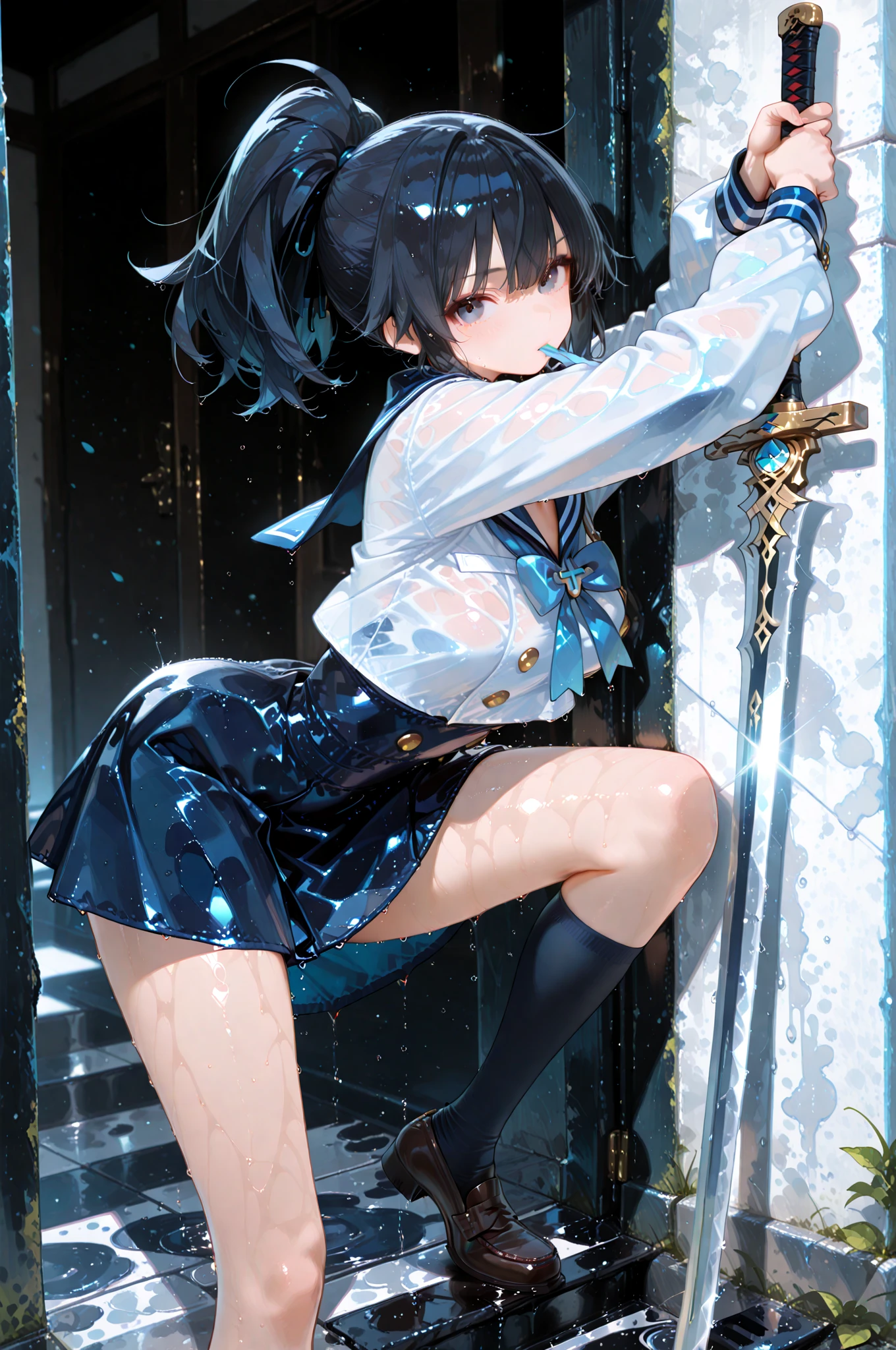 absurdres, RAW photo, extremely delicate and beautiful, masterpiece, Best Quality, ultra high resolution, 32k, hyperrealistic, ultra-detailed, perfect figure, in her 20s, very small head, very small face, delicate facial features, tearful mole, earring, huge breasts, legs, full body shot, medium hair, black hair, Colored inner hair, sweat, school_uniform,