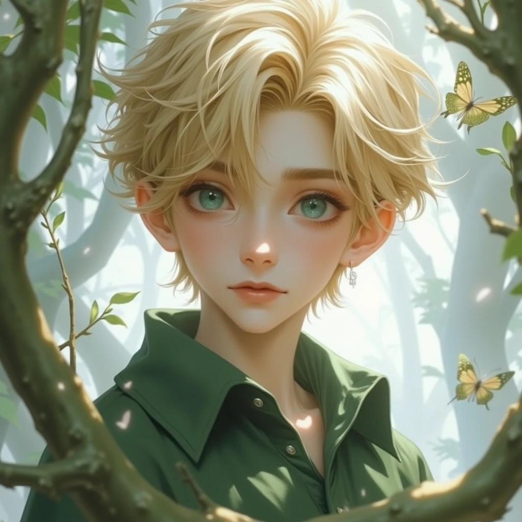 Drawing, realistic fantasy, clarity, detail 8kk, solo, portrait, (ultradetailing), boy's appearance, children's appearance, (ultradetailing), boy 2 years old, short light gray hair, (hair detailing), big green eyes, (fine eye detailing), thick eyelashes, (eyelash detailing), glade, white butterflies, (detailing the surrounding nature), 4k --auto --s2