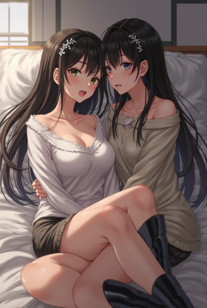 ((Highest quality)), ((masterpiece)), (detailed), Perfect Face,2 Japanese women,Teenager without makeup,Sleeping together,Clean up to the toes,Huge breasts:1.3,Huge breasts:1.3,High bust top:1.3,Hard, Round Breasts:1.3,White shirt,Long skirt,((No Pat,Very good)),Bright smile,Bedtime blanket,Thematic Depth,Clear focus,Natural and soft light