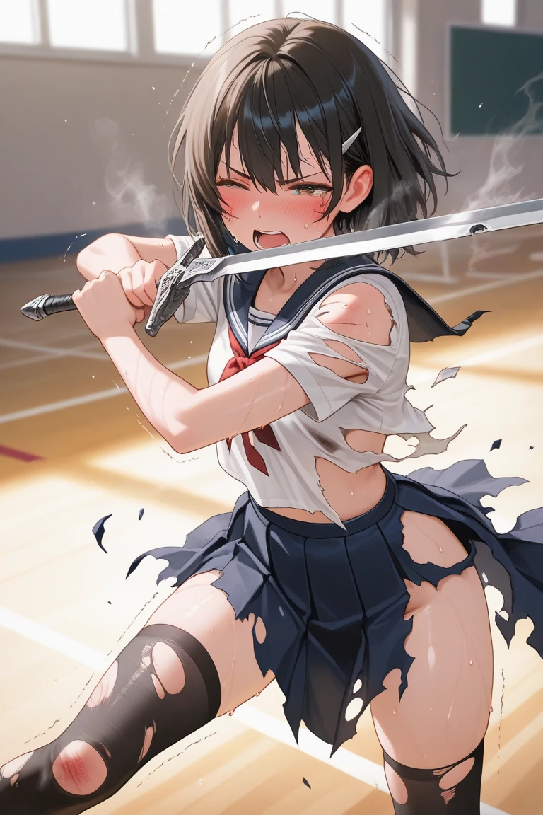 Two cute Japanese female fighters with black hair and shorts cut fighting in the under ground arene, drenched in sweat. One eye closed, out of breath. Tank tops. Denim shorts. Open finger gloves. erect nipples.