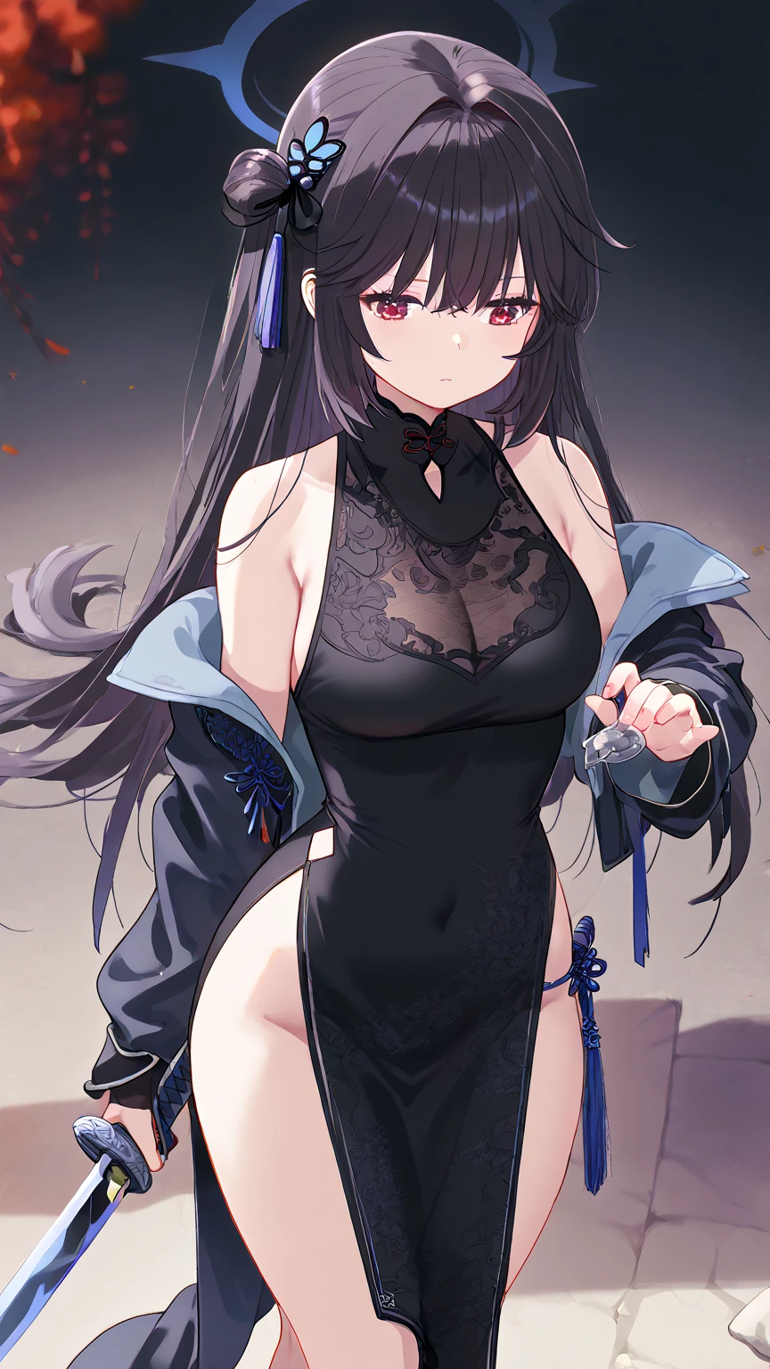 Within the flying rubble and rubble, there was a milf with dark blue long hair, her body in chains, having 2 black horns and thighs, and have many blood in her hand and her cloth, she wear black long jacket, she hava black tatto