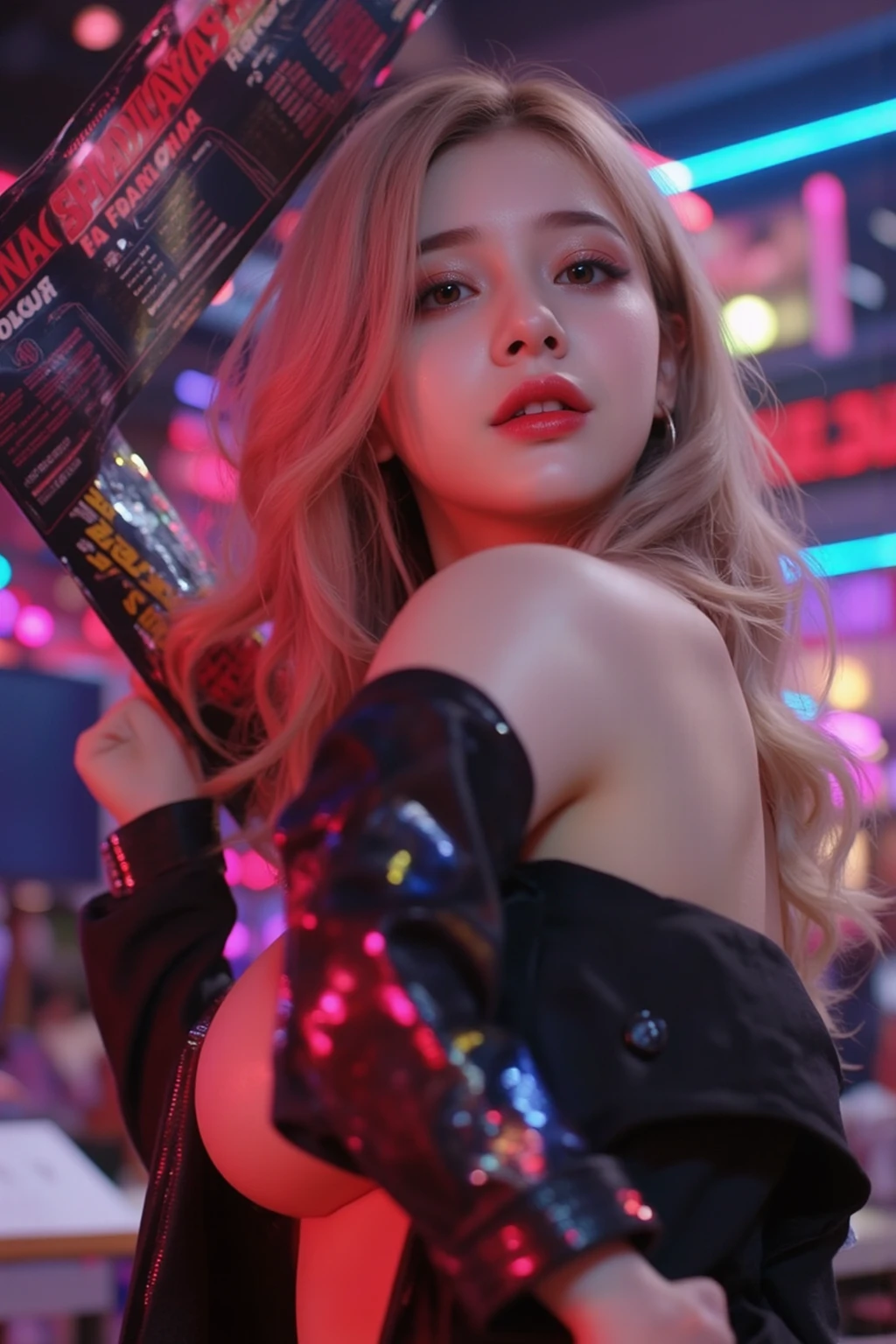 ass, gyaru, dark-skinned, (shiny oiled skin:1.2), blond hair, Wearing neon pink color jacket, Brightly colored tattoos on arms and legs, wearing thong, in shibuya city, thick fog, sony a7, film grain, dark night, Photorealistic, one-point perspective, 32K, diffuse reflection, colorful shiny particles, Lens Flare, soft lighting
