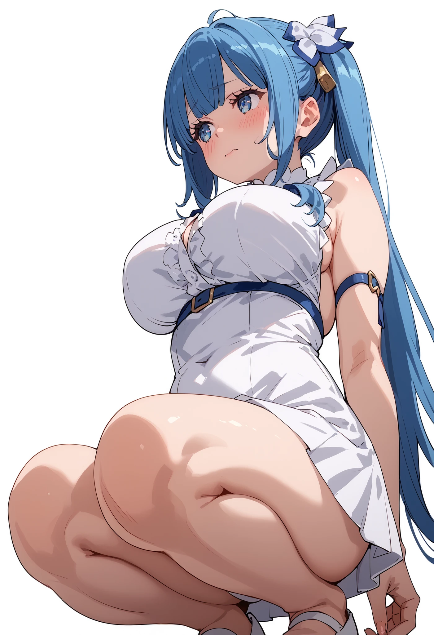 (masterpiece, best quality:1.2), Genshin Impact,Ganyu, Solitary,permanent_, Big breasts,Leg lift,tall figure,Straight legs,whole body,White lingerie,barefoot,The world's largest breasts,short hair