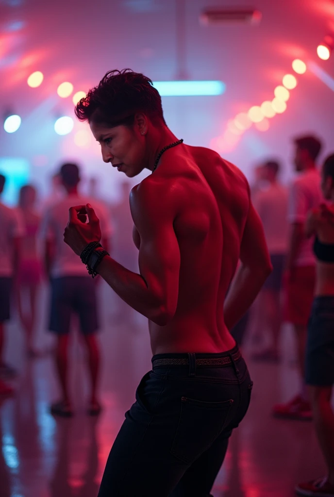 German boy, twink, at the club, horny, taking off his shirt, sweaty, crowded dance floor, Red Lazer lights