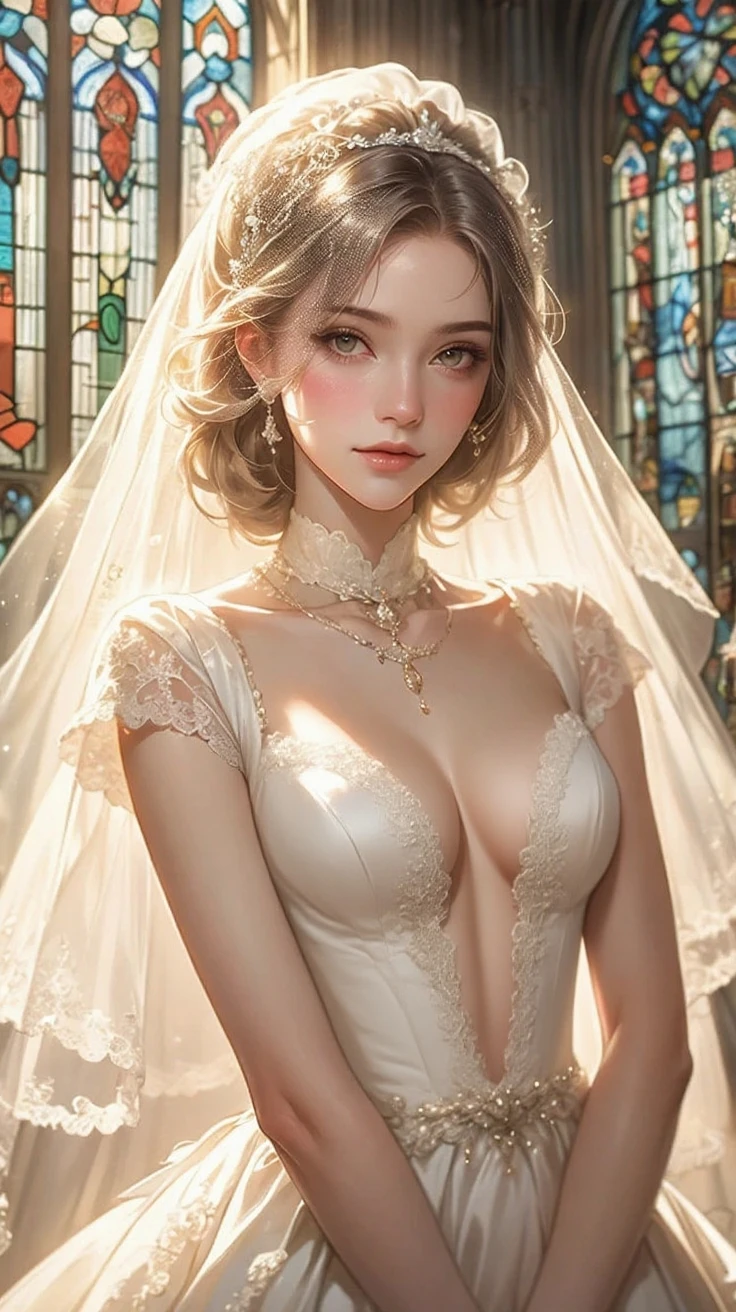 (One girl), Updo, Princess, Very cute face, Great face and eyes, (Very detailed目, Very detailed顔), Fresh, Very beautiful appearance, (Ultra-realistic, High resolution), (Highest quality:1.4), (super high quality), Real skin texture, RAW Photos, (Realistic, Photorealistic:1.37), Very detailed, Professional photography, (beautiful lace bridal dress:1.5), (front open lace bridal dress), (Cleavage:1.2), (Exposing shoulders), smile, (Look at me), Gorgeous tiara, Luxury Accessories, Necklaces and earrings, (Luxurious living room:1.3), Portrait of a Girl,