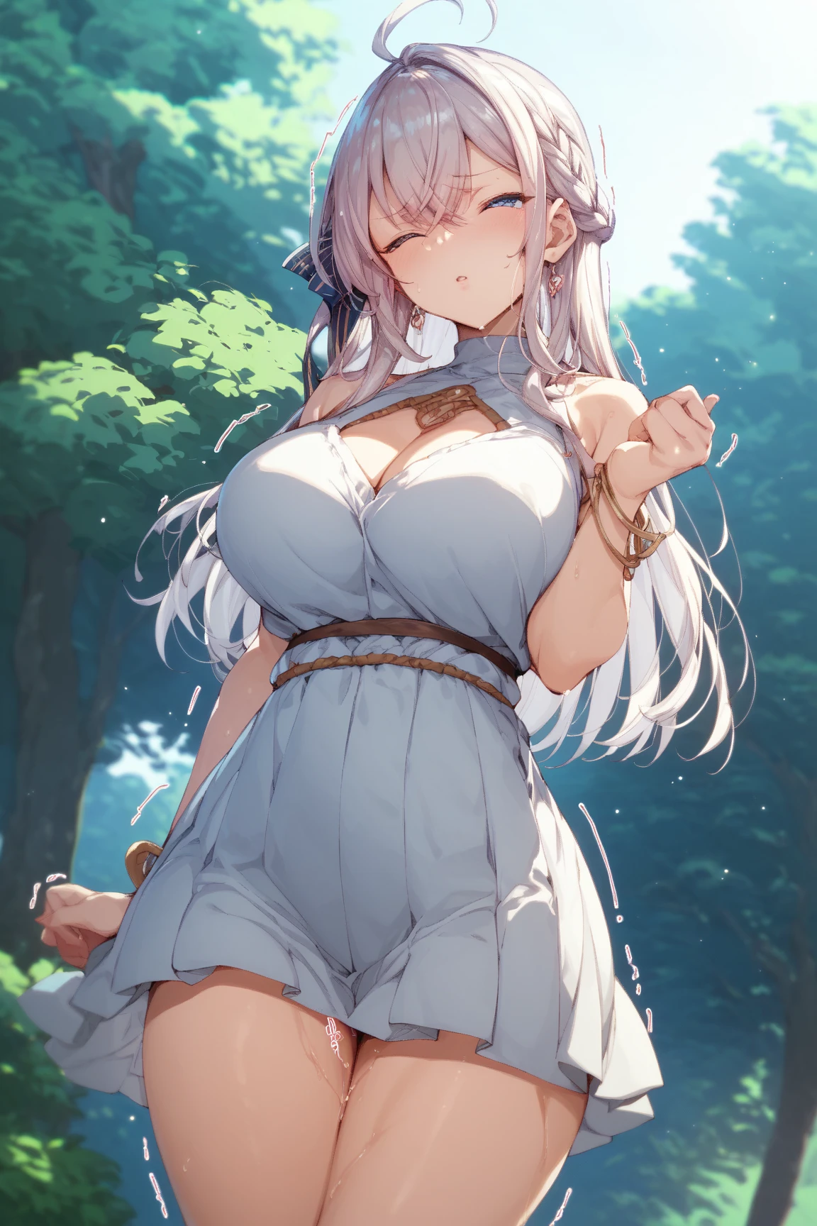 1 Female,High definition,high resolution,Ultra-realistic,8K, 8K, masterpiece, sitting, crossed legs,best quality, highres, mweob, white hair, headband, jewelry, bracelet, brown dress,European,sexy,Upper body close-up,Photographed from the front,Dynamic Angles,(blush), big tits , happy, wink the eye,facial, sweat,multicolored hair , outdoors, moonlight, night ,leaf , windy,tree background ,big tits