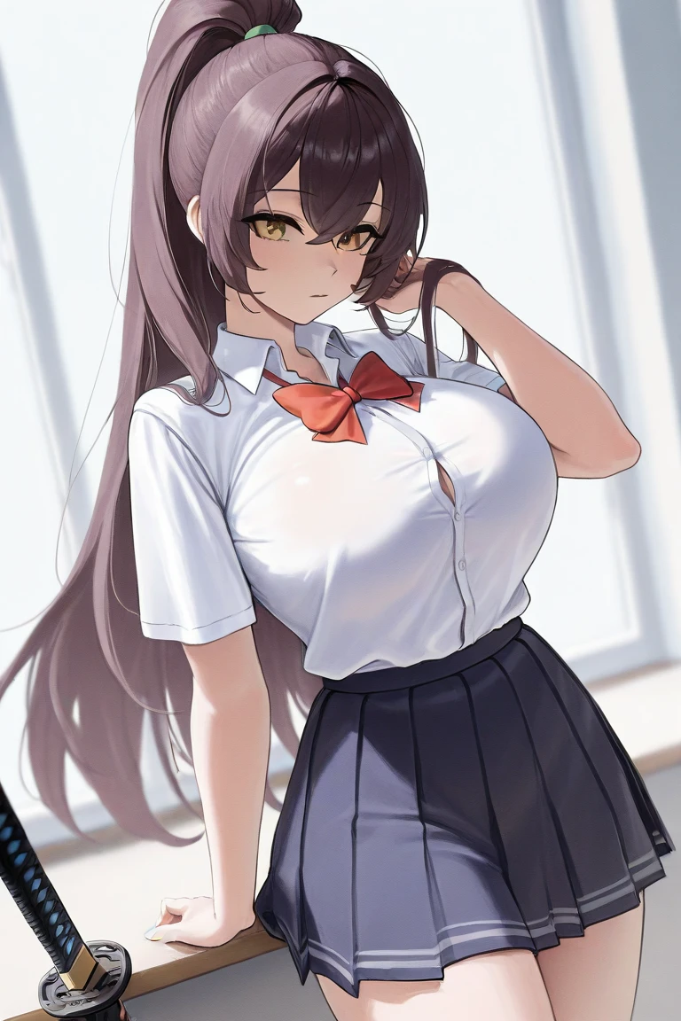 hmanga, (best quality, masterpiece:1.2), ultra detailed, (anime), 1girl, Izumi Nogami \(Ijirare Fukushuu Saimin\), brown hair, Side ponytail, brown eyes, large breasts, lips, white shirt,red bowtie, pleated_skirt, black skirt, black socks, standing, (front view),