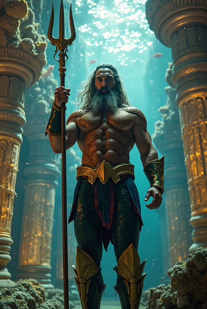 Give me a photorealistic image of a merman. He has a light skin, jet black hair. ravenous black eyes. His features should resemble a man's and he is muscular and massive. The whites of his eyes are black, but they are just distinguishable from the jet-black irises. He must be shown floating in a dark sea cave with green crystals growing on the rock around him. He must be smiling showujg his sharp teeth. He is handsome yet horrifying. Smile, Jewelry, Fang, Best Quality, HD, underwater, mermaid
