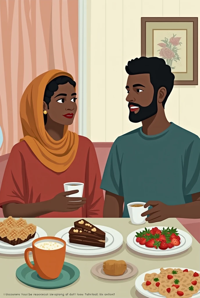 drawing of a cake, with a young couple with a slight smile where the woman is white with straight black hair and the man is black with curly black hair, as if it were a cartoon, the boy can't have a beard and the girl wearing grey hijab. the drawing has to be animated but a little realistic, the couple has to be leaning against each other and holding the cake smiling, nothing too childish. the couple has to look like they are . the boy's hair is curly and defined, while the girl has happy facial expressions but not too much, just a slight smile 