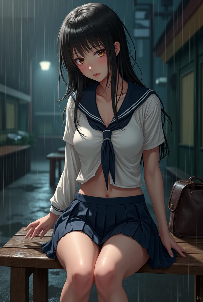 ((masterpiece,Highest quality:1.3,best quality illustration,realistic:1.3)),cowboy shot,独奏,1woman,(18-year-old、Japanese Beauty)、brown hair,long hair,bangs,brown eyes,gorgeous eyes,((very small head:1.3)),crying,Heavy breathing,((very long body:1.2,skinny)),medium breasts,(Red ribbon tie、White collared shirt、Long sleeve、Navy blue pleated neakers),Wet crotch、sweat,gleaming skin,toned body,slender body,(squatting),Sneakers、Abandoned house、at night、Tokyo、