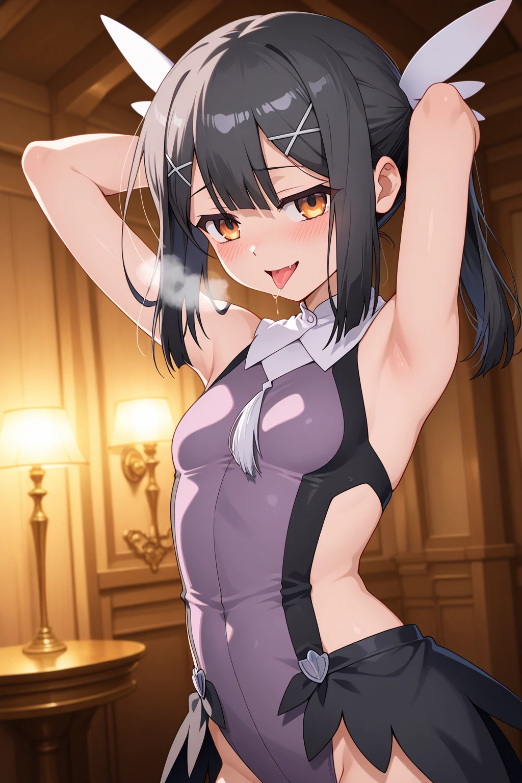 1 girl, black bunny suit, strapless, white cuffs, collar and bow tie, (flat chest, small breasts:1.2), bangs, laughing and smiling, in casino with red curtains, cinematic lighting, (8k, masterpiece, best quality, raw photo)